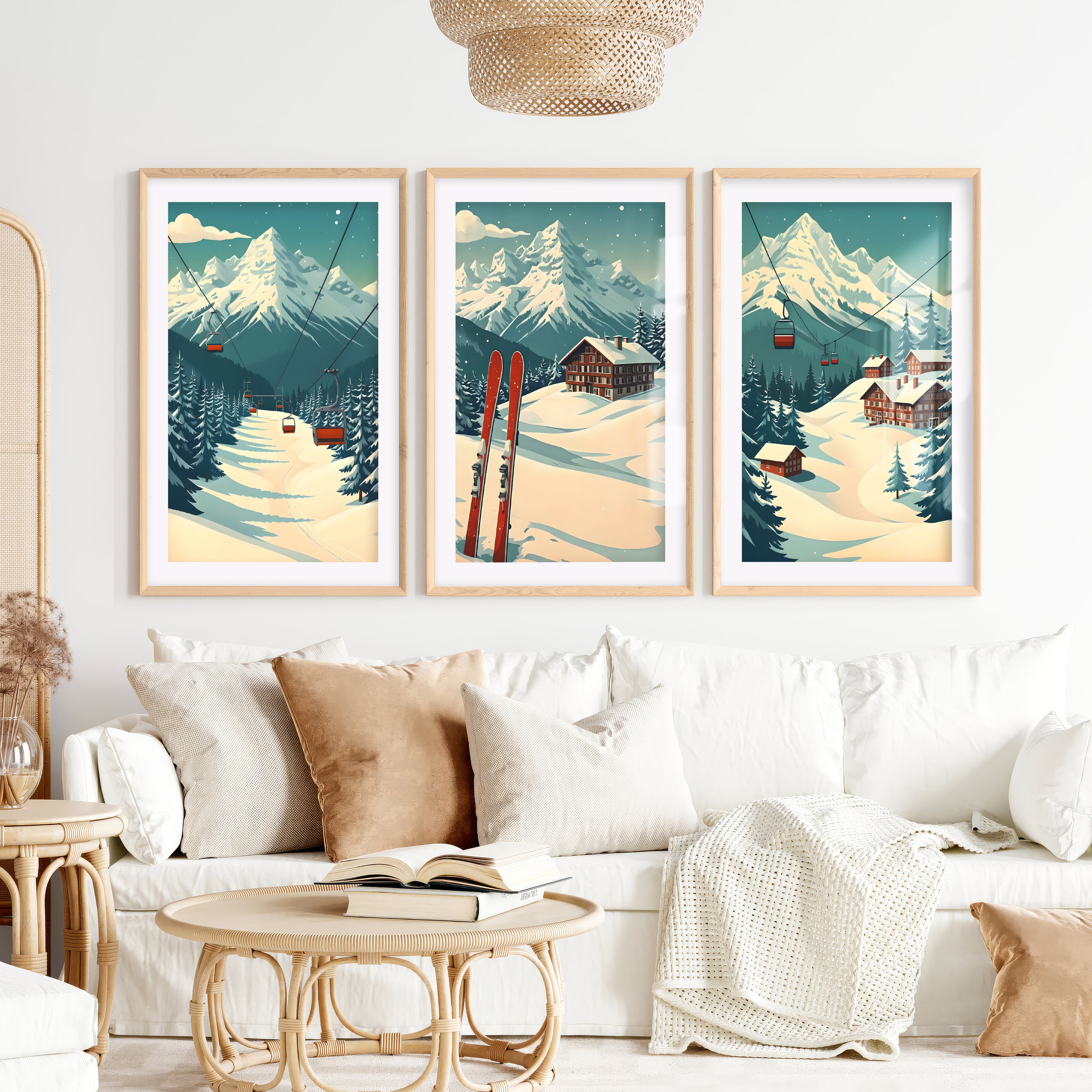 Poster Vintage Ski Set of 3 – Alpine Cabin Wall Art- Natural Wood Framed Poster with White Border - Artworksets