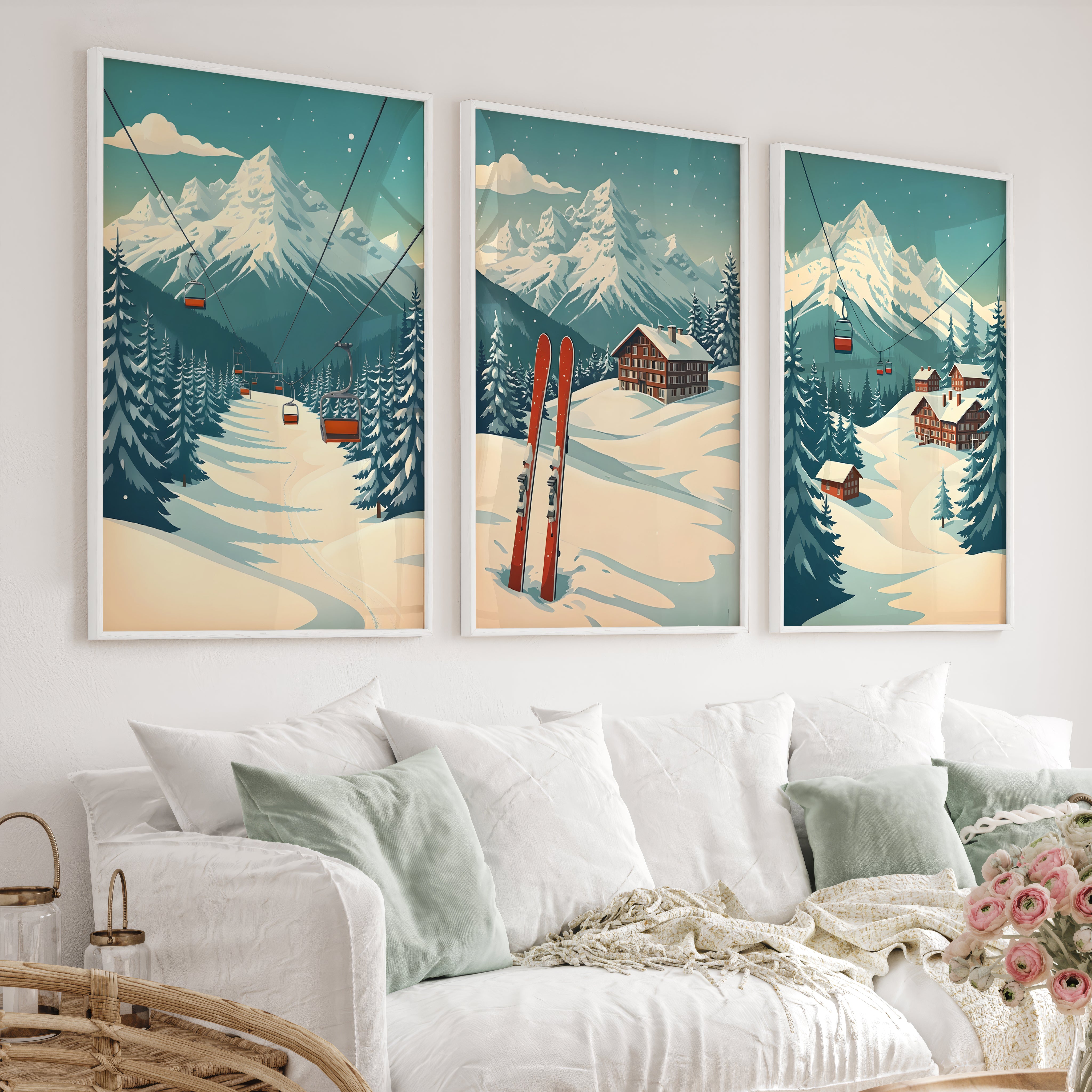 Poster Vintage Ski Set of 3 – Alpine Cabin Wall Art - White Framed Poster No Border - Artworksets