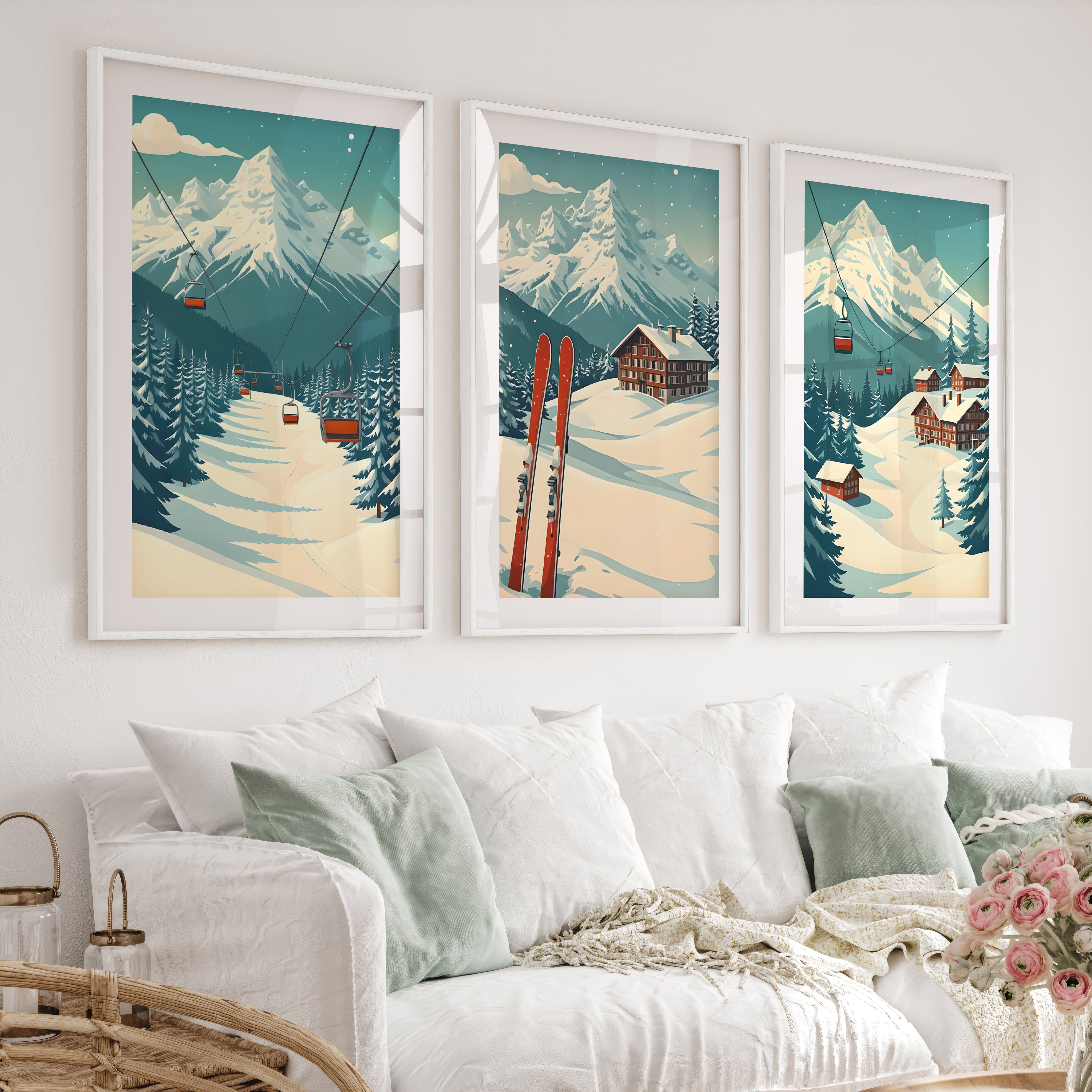 Poster Vintage Ski Set of 3 – Alpine Cabin Wall Art - White Framed Poster with White Border - Artworksets