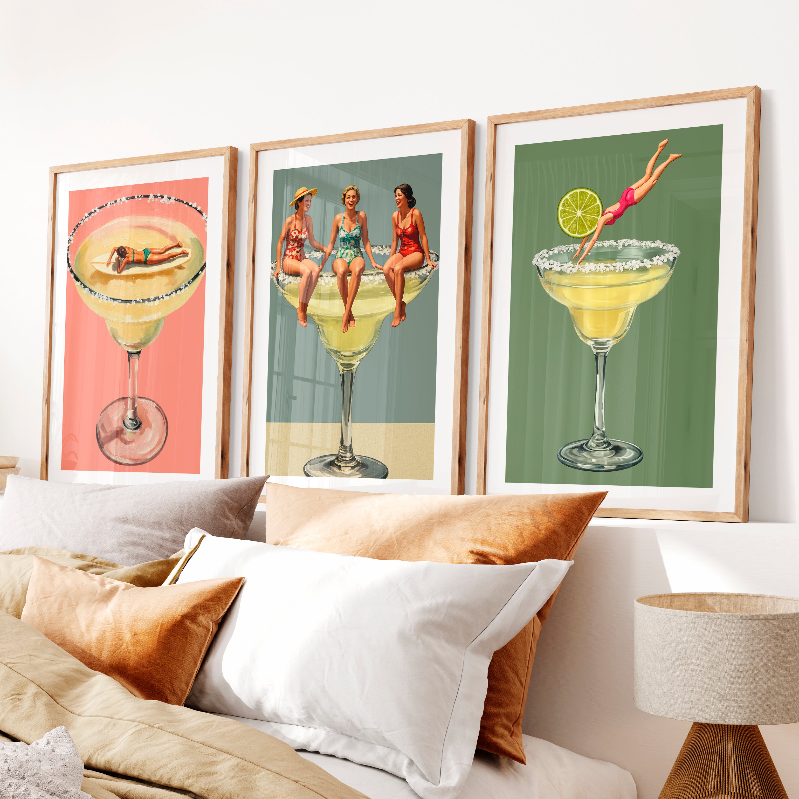 Poolside Margarita posters retro art- Natural Wood Framed Poster with White Border - Artworksets