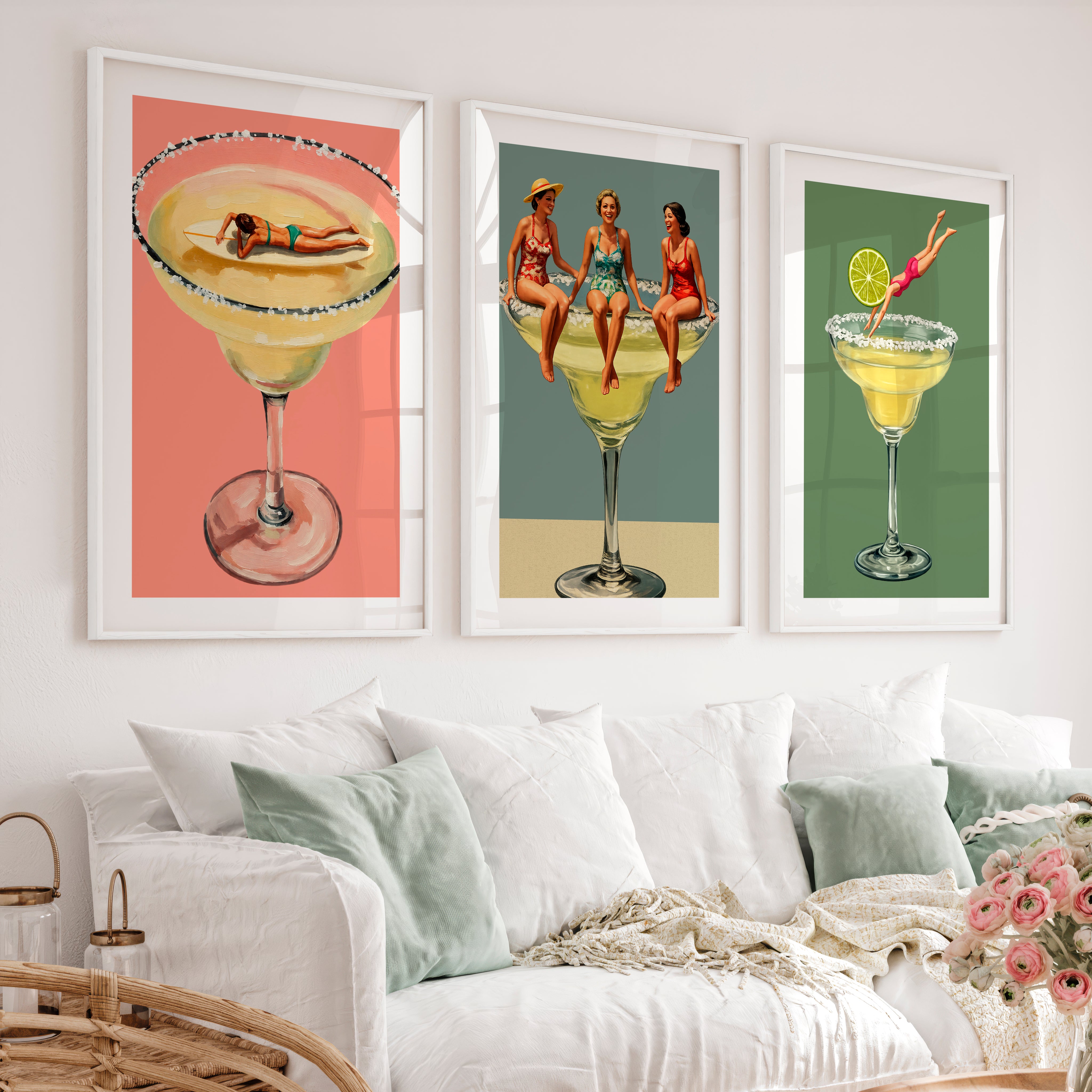 Poolside Margarita posters retro art - White Framed Poster with White Border - Artworksets