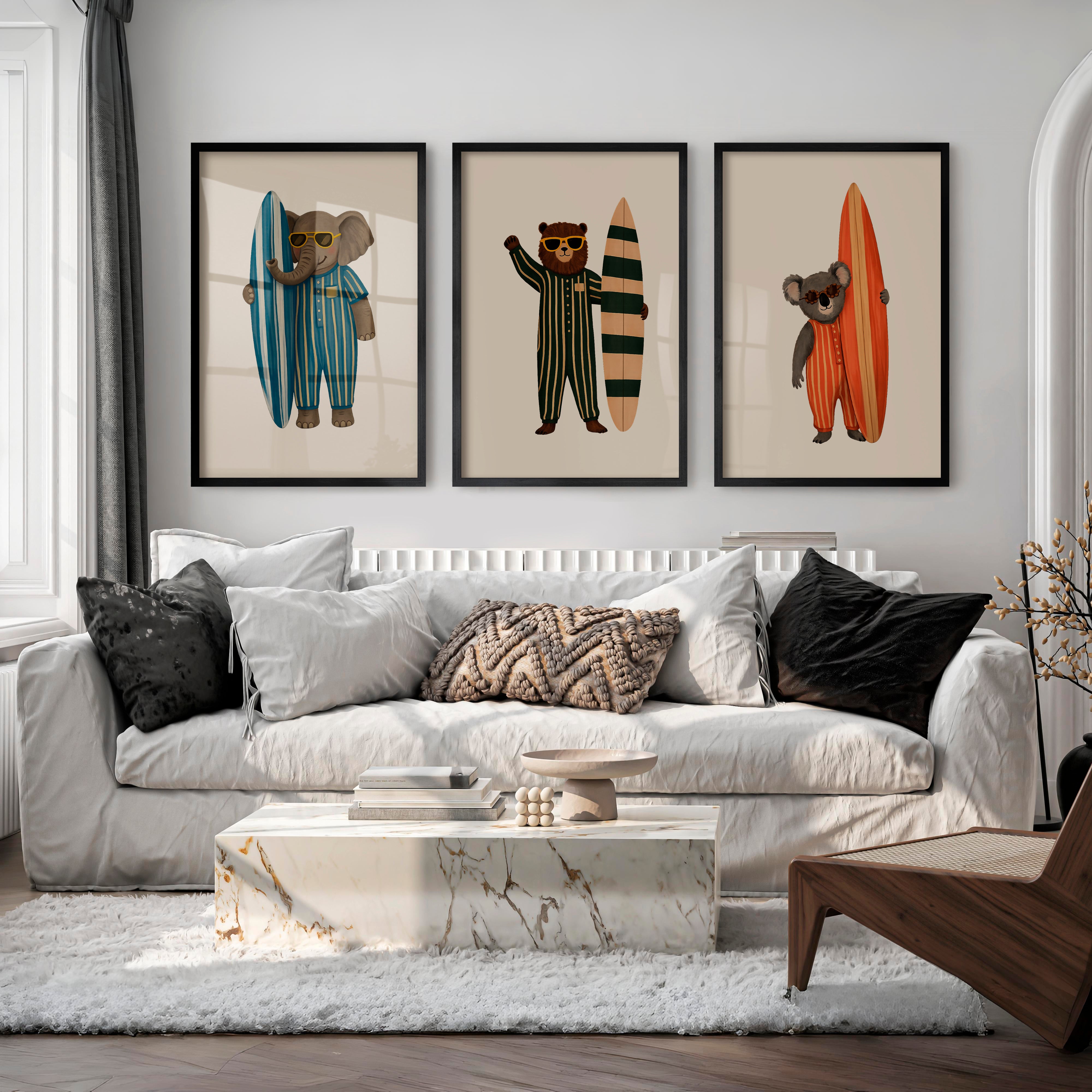 Surf Animals Posters Retro Art - Black Framed Poster No Border - Artworksets