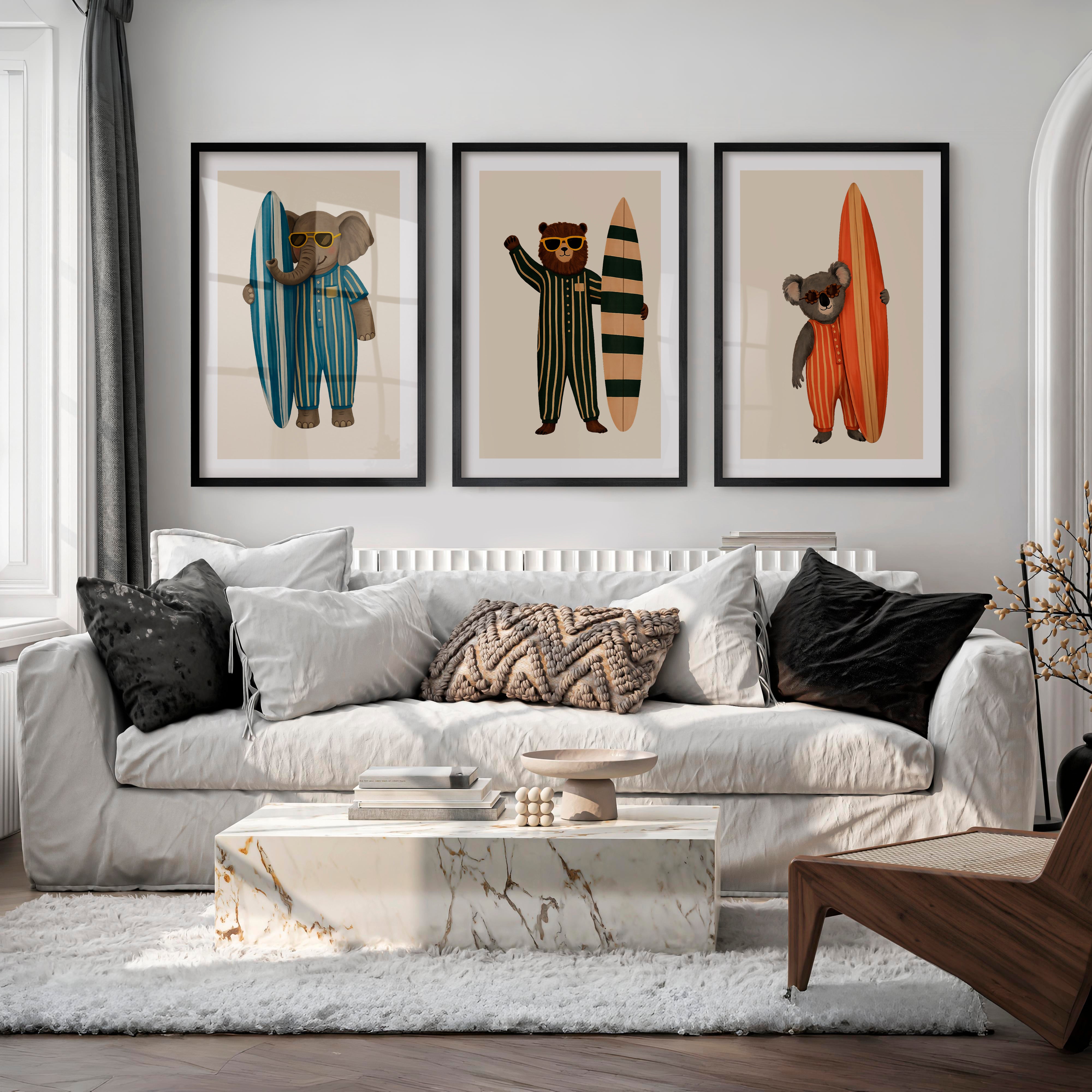 Surf Animals Posters Retro Art - Black Framed Poster with White Border - Artworksets
