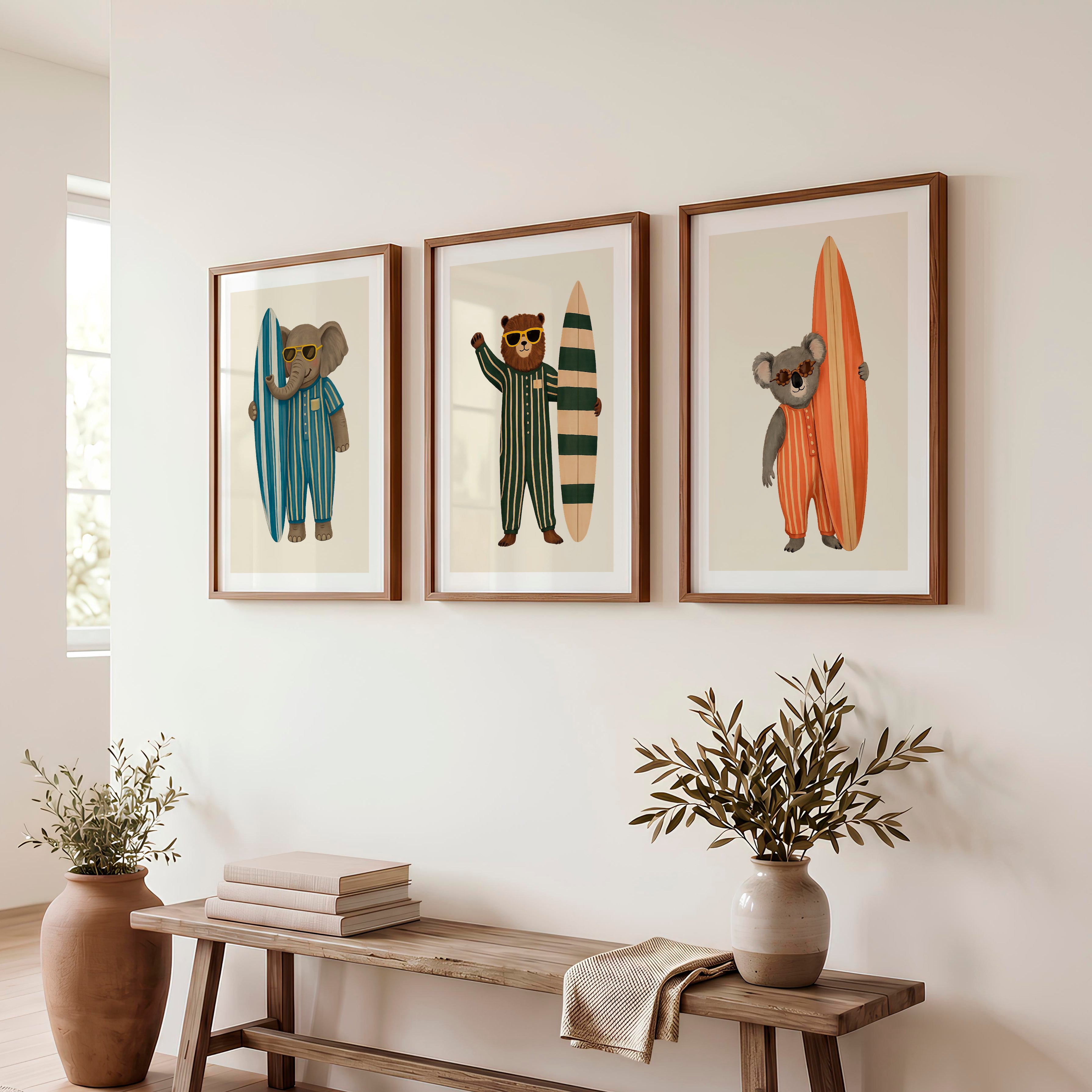 Surf Animals Posters Retro Art - Dark Brown Framed Poster with White Border - Artworksets