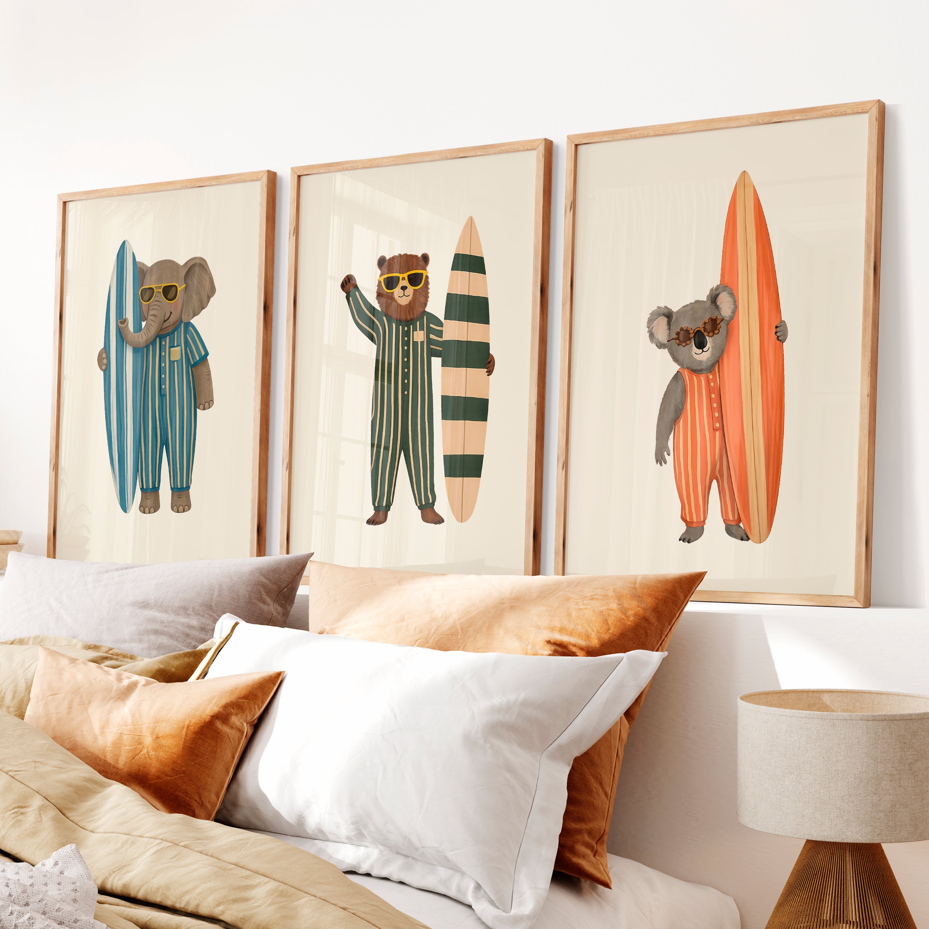 Surf Animals Posters Retro Art - Natural Wood Framed Poster No Border - Artworksets