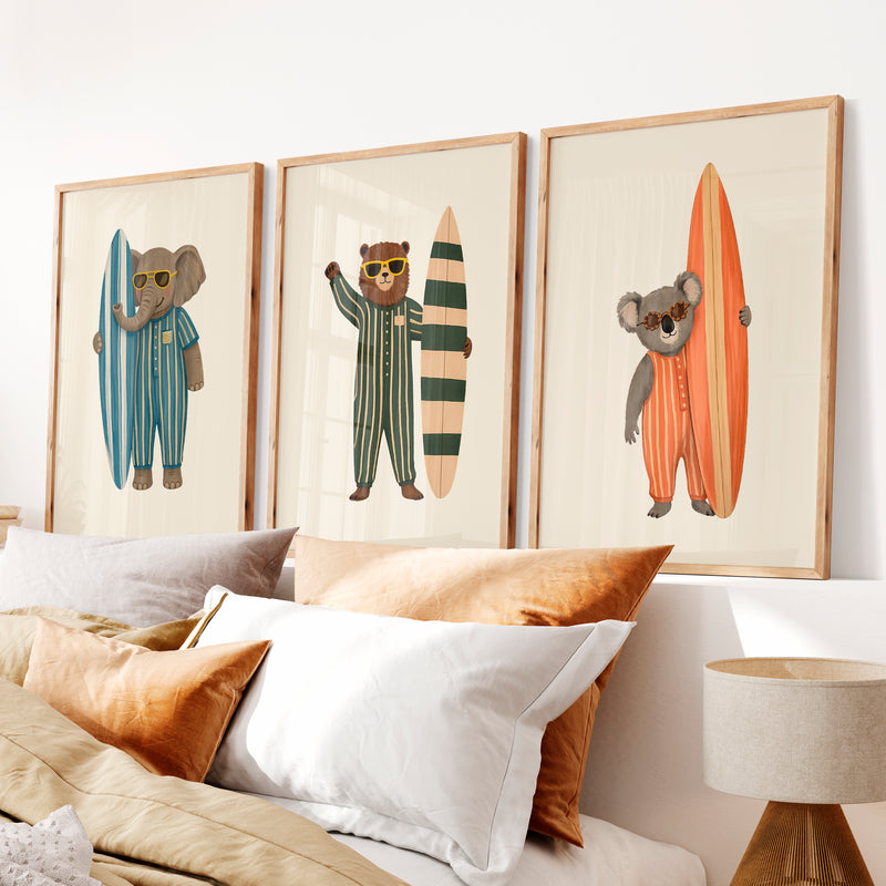 Surf Animals Posters Retro Art - Natural Wood Framed Poster No Border - Artworksets