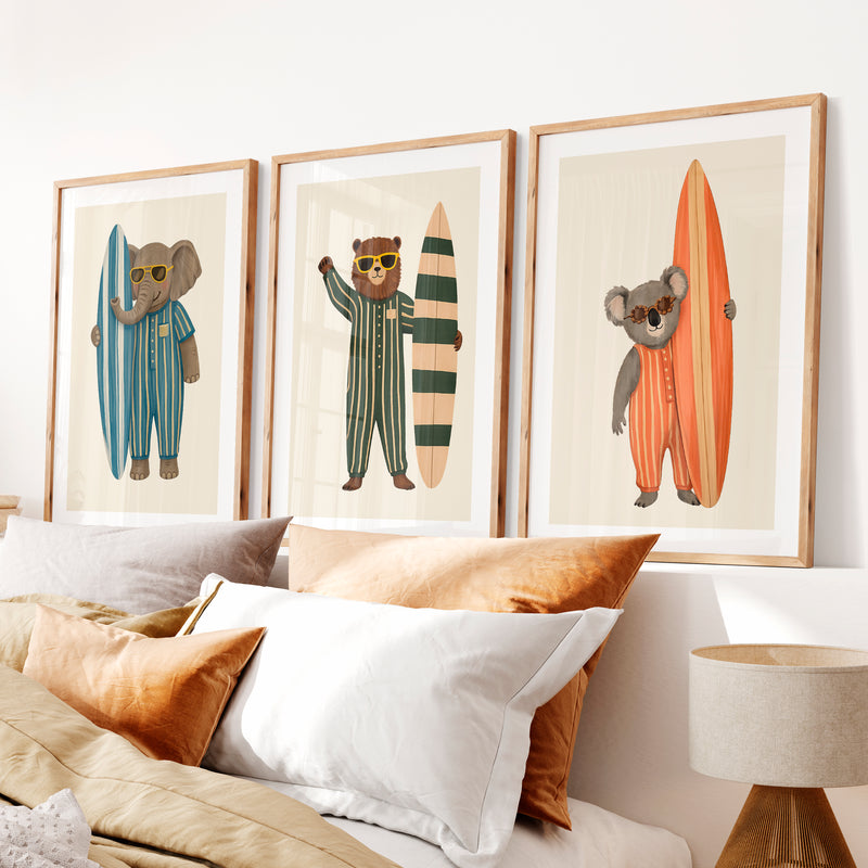 Surf Animals Posters Retro Art- Natural Wood Framed Poster with White Border - Artworksets