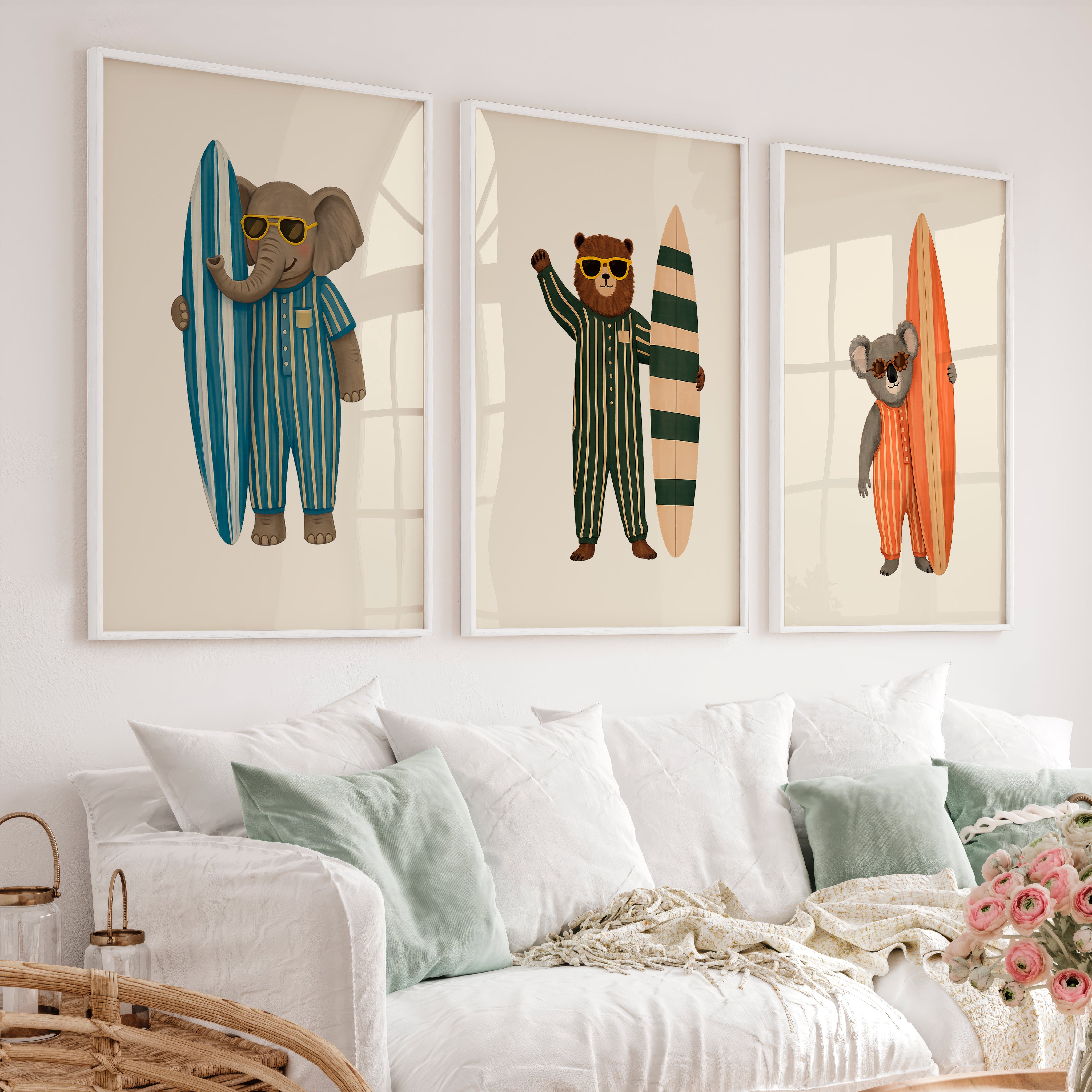Surf Animals Posters Retro Art - White Framed Poster No Border - Artworksets