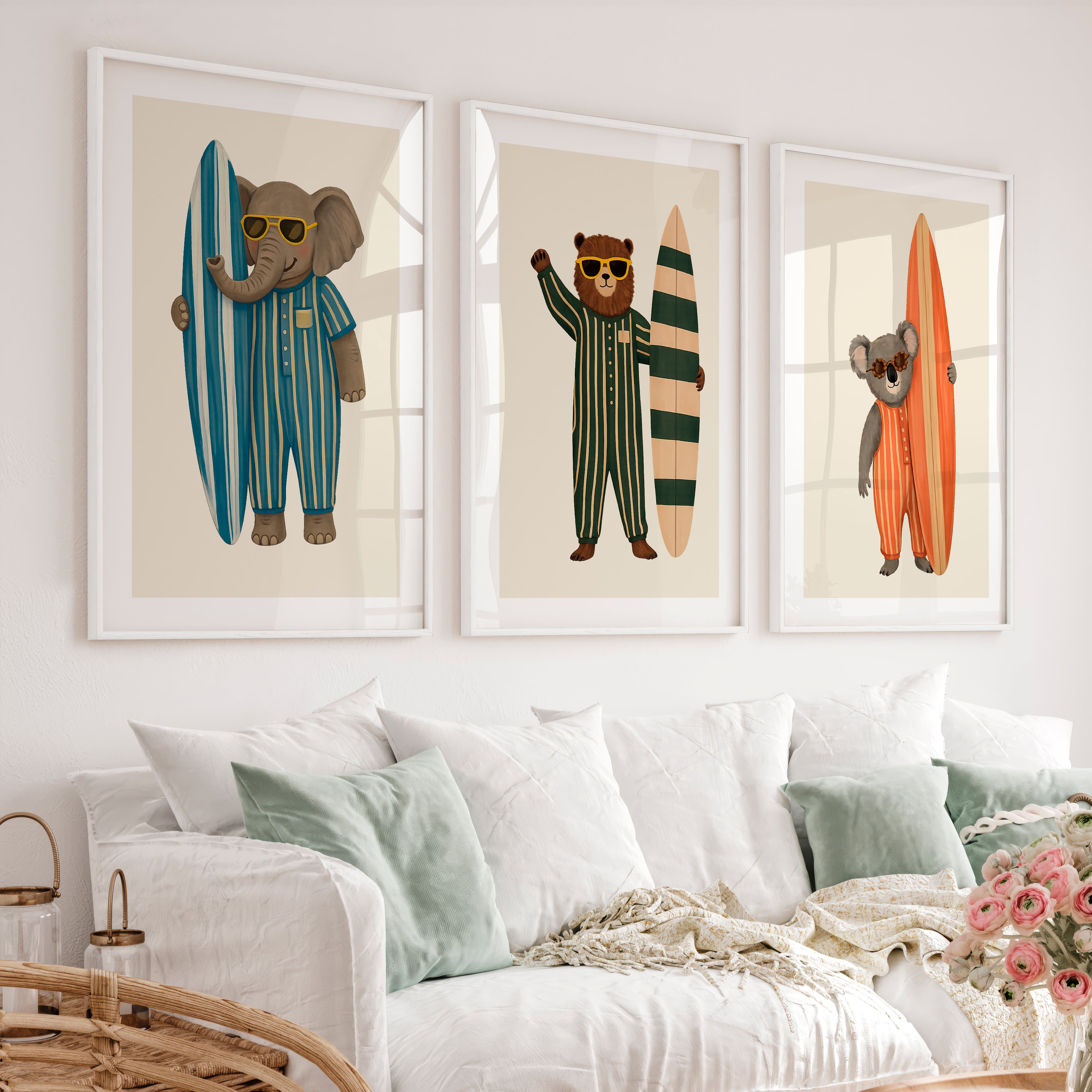 Surf Animals Posters Retro Art - White Framed Poster with White Border - Artworksets