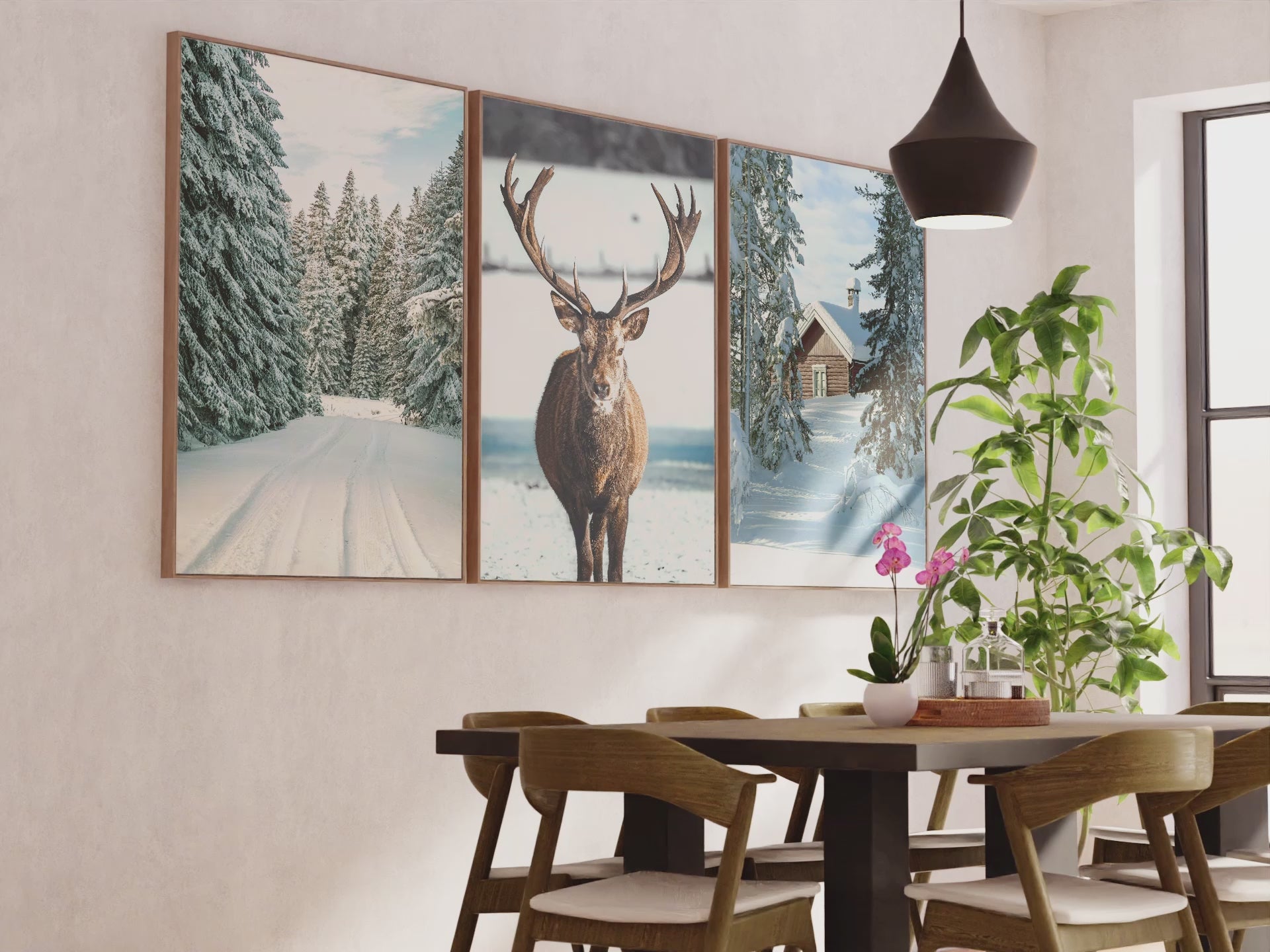 Winter Scene Wall Art – Snowy Forest, Deer & Cabin
