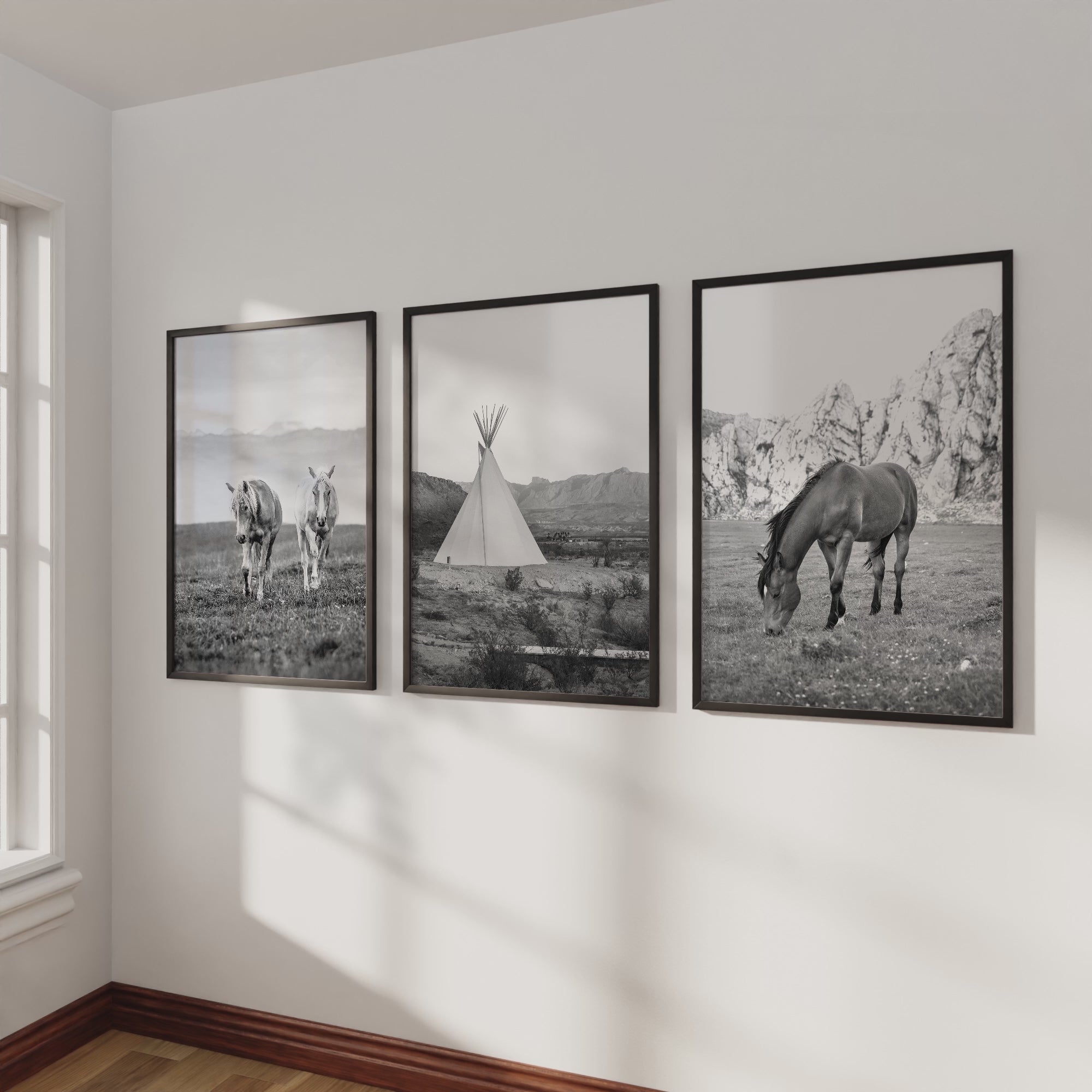 Black White Western Wall Art Set. Desert, Horses, Tepee