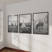 Black White Western Wall Art Set. Desert, Horses, Tepee