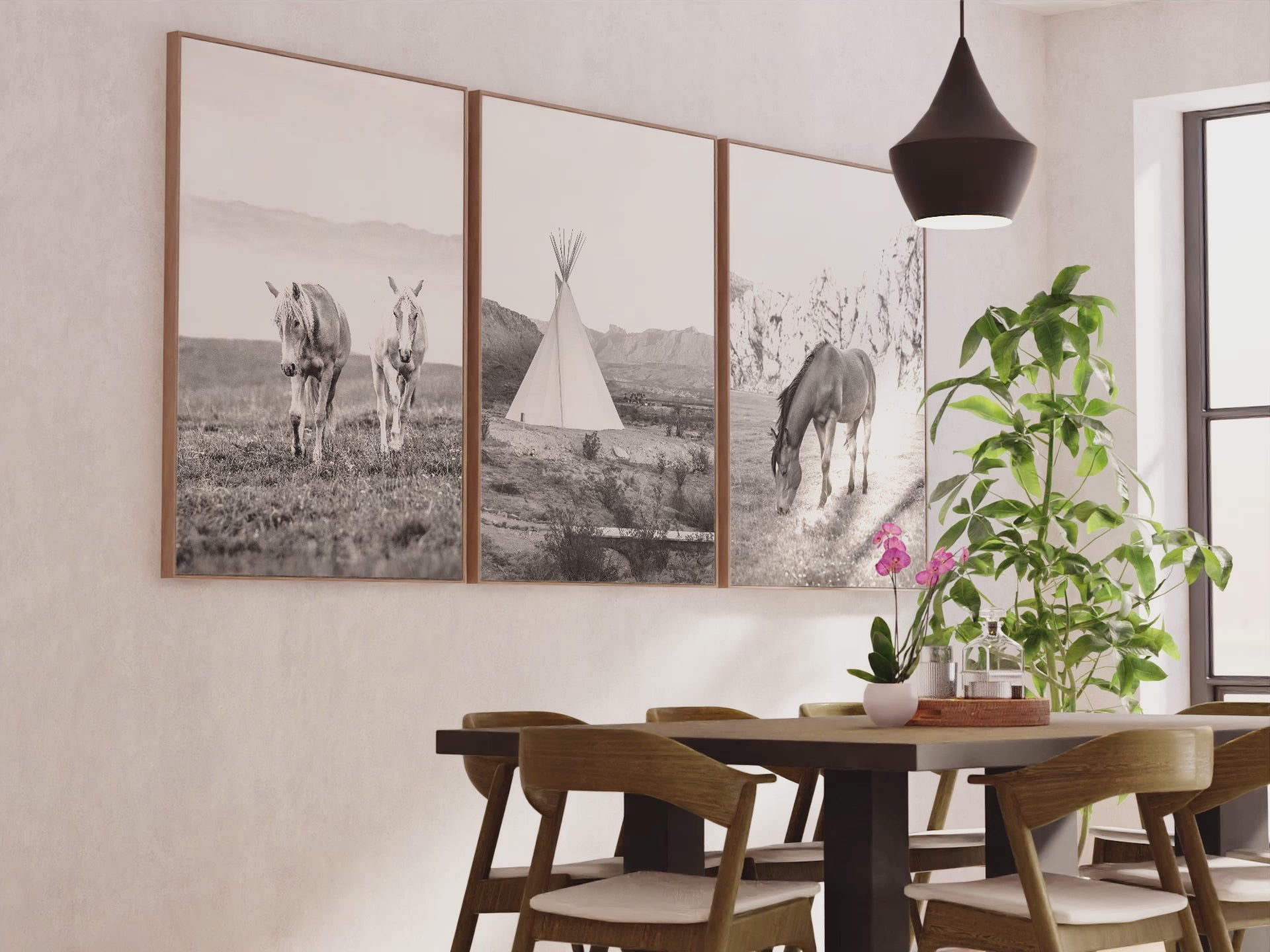 Black White Western Wall Art Set. Desert, Horses, Tepee