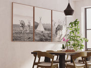 Black White Western Wall Art Set. Desert, Horses, Tepee