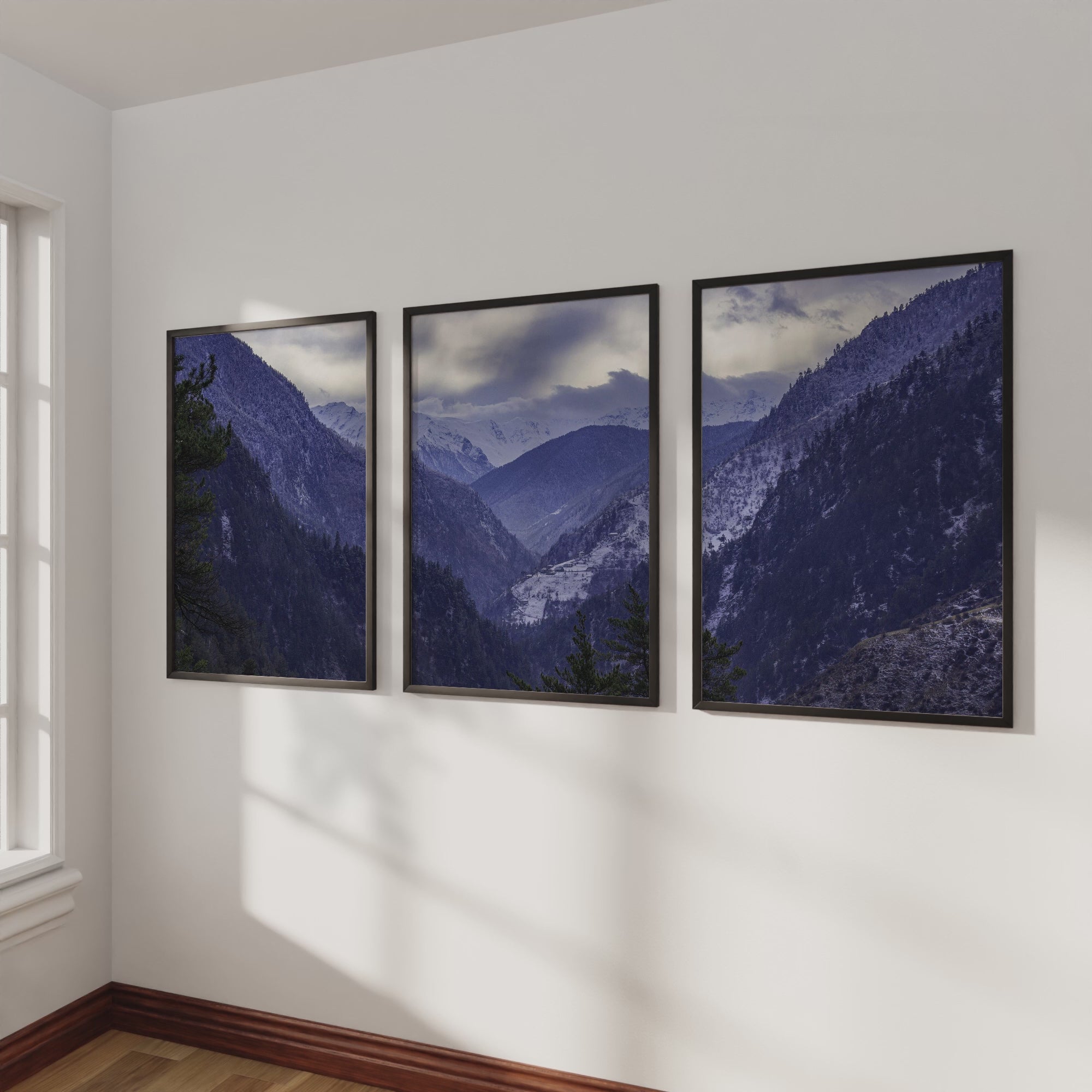 Navy Blue Mountain Forest Triptych. Nordic Landscape Art