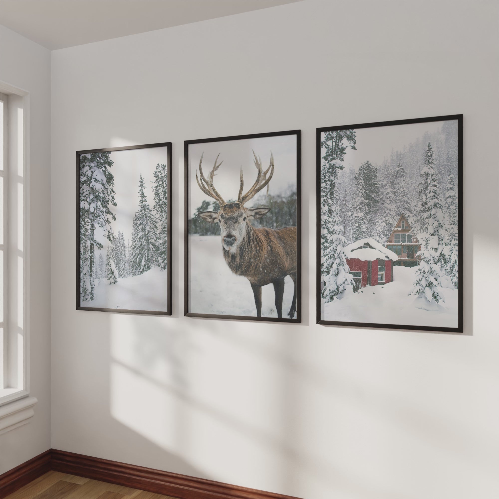 Christmas Mood Wall Art Prints. Red Log Cabin, Deer