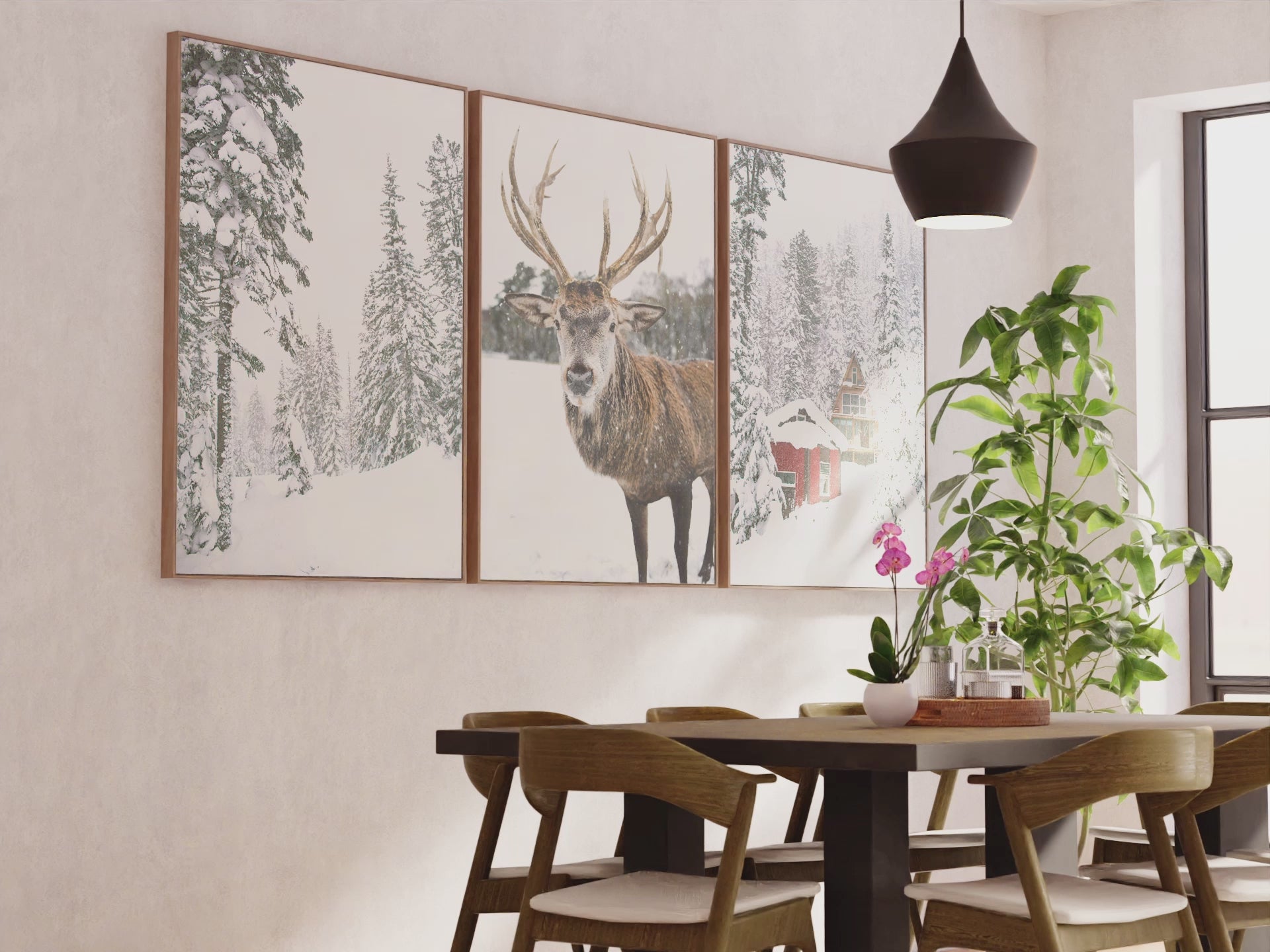 Christmas Mood Wall Art Prints. Red Log Cabin, Deer