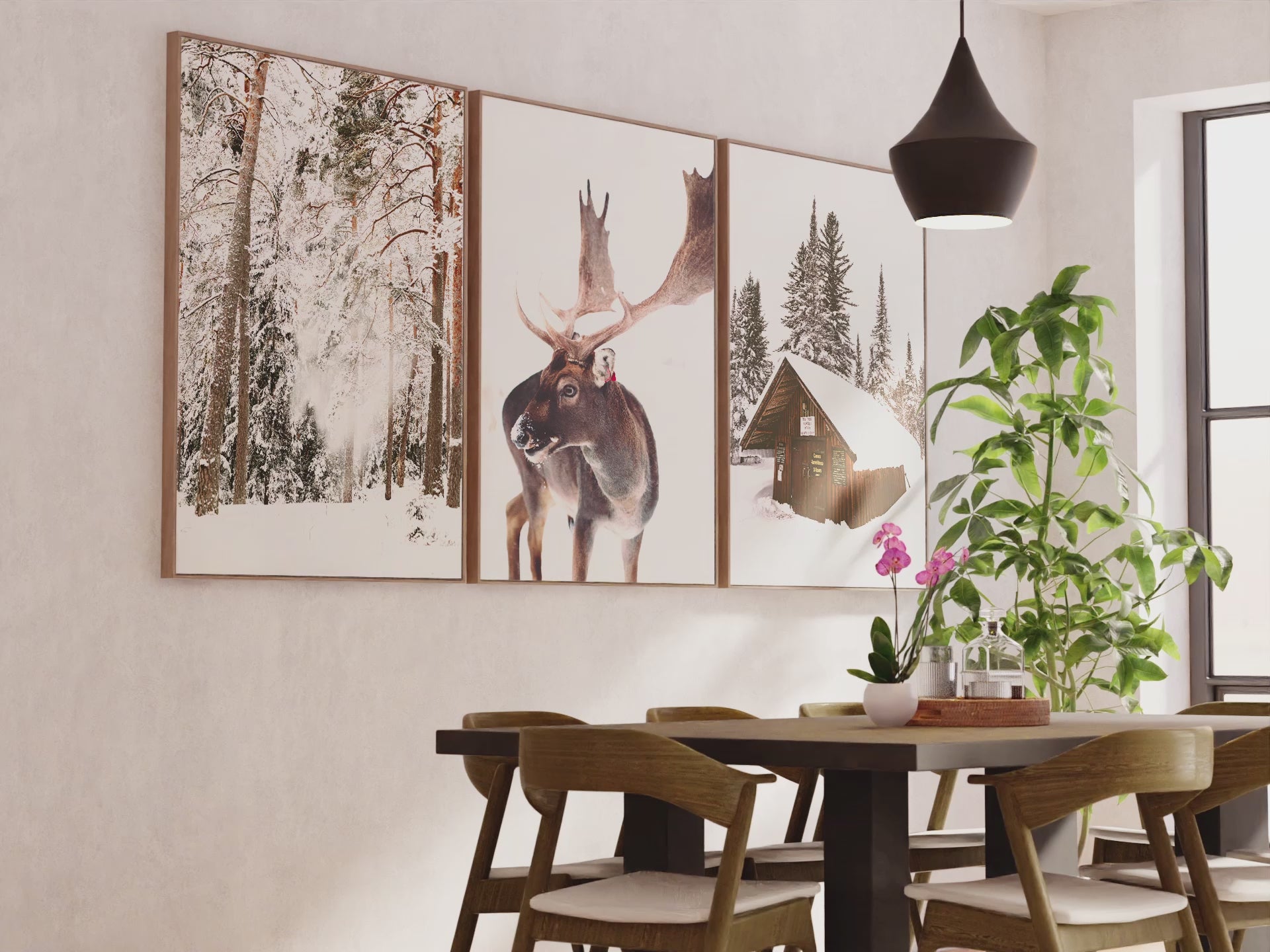Winter Wall Art – Snowy Forest, Deer & Wooden Cabin