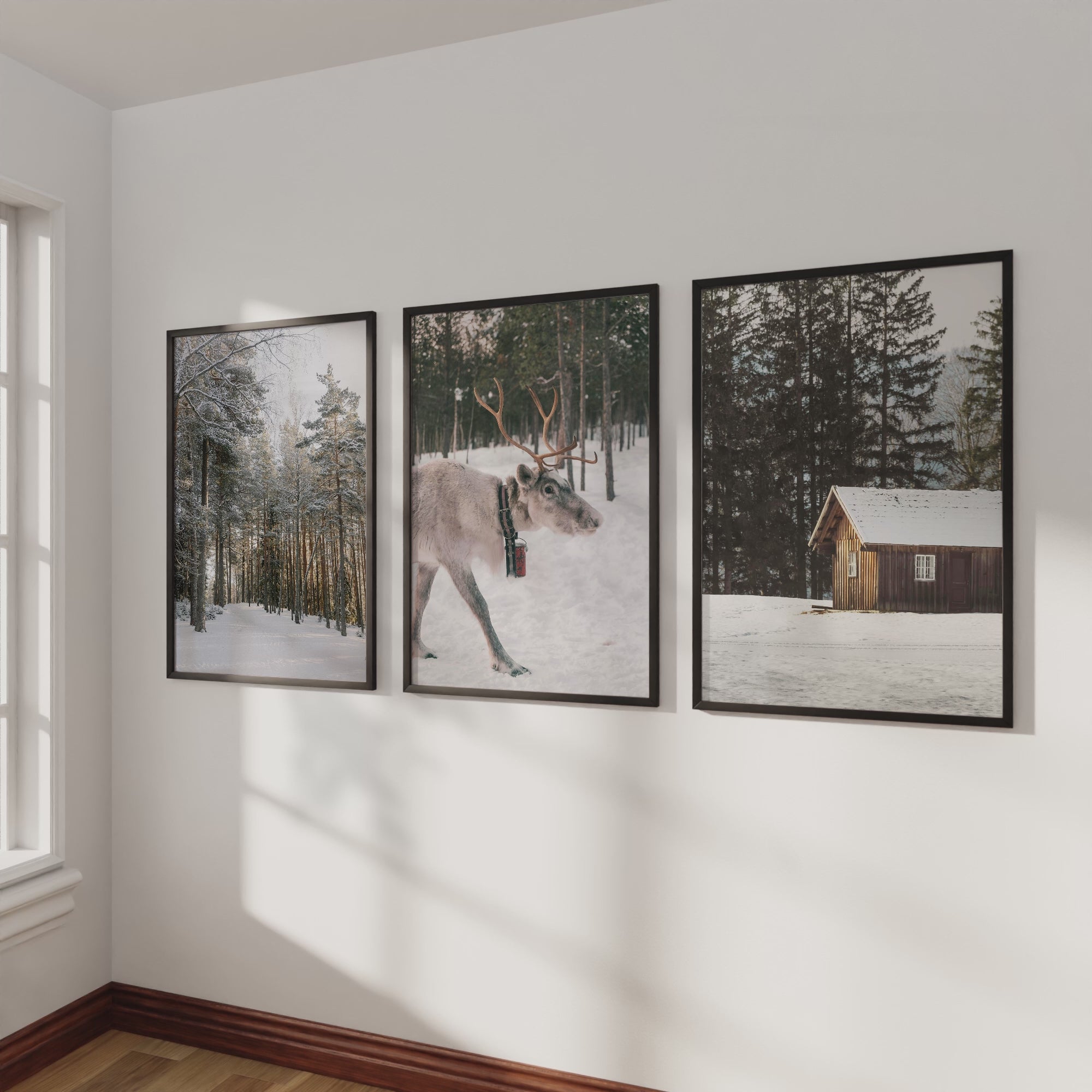 Wall Art Winter Triptych – Deer, Snowy Forest & Cabin