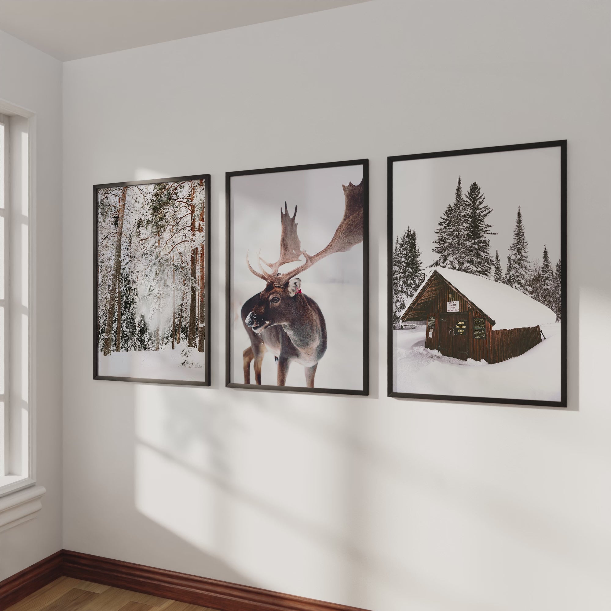 Winter Wall Art – Snowy Forest, Deer & Wooden Cabin