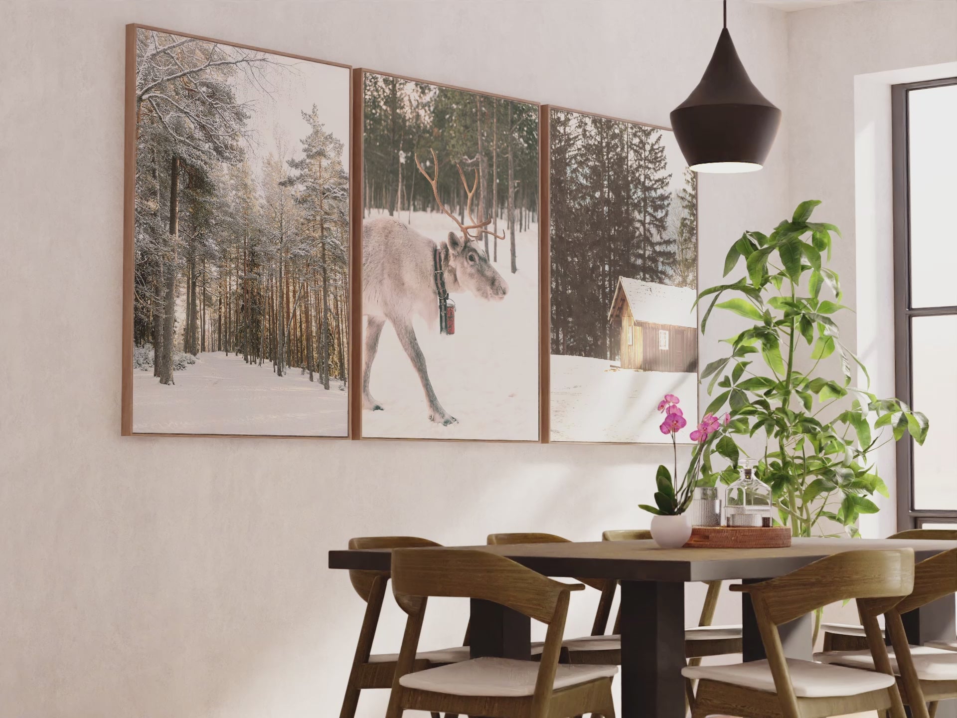 Wall Art Winter Triptych – Deer, Snowy Forest & Cabin
