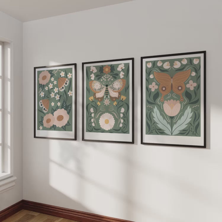 Butterfly Wall Art for Nursery – Floral Nature Print Set (3 Pieces)