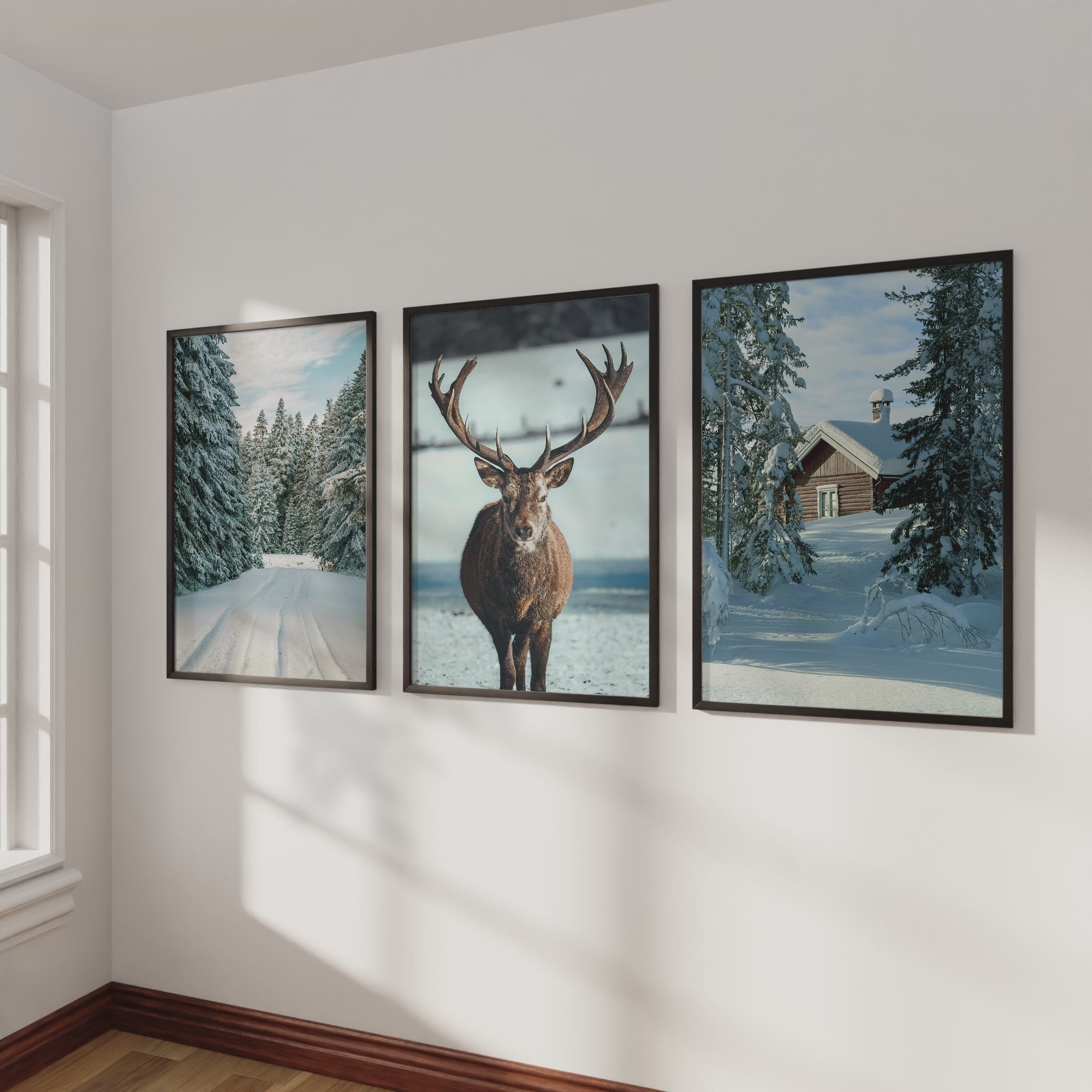 Winter Scene Wall Art – Snowy Forest, Deer & Cabin