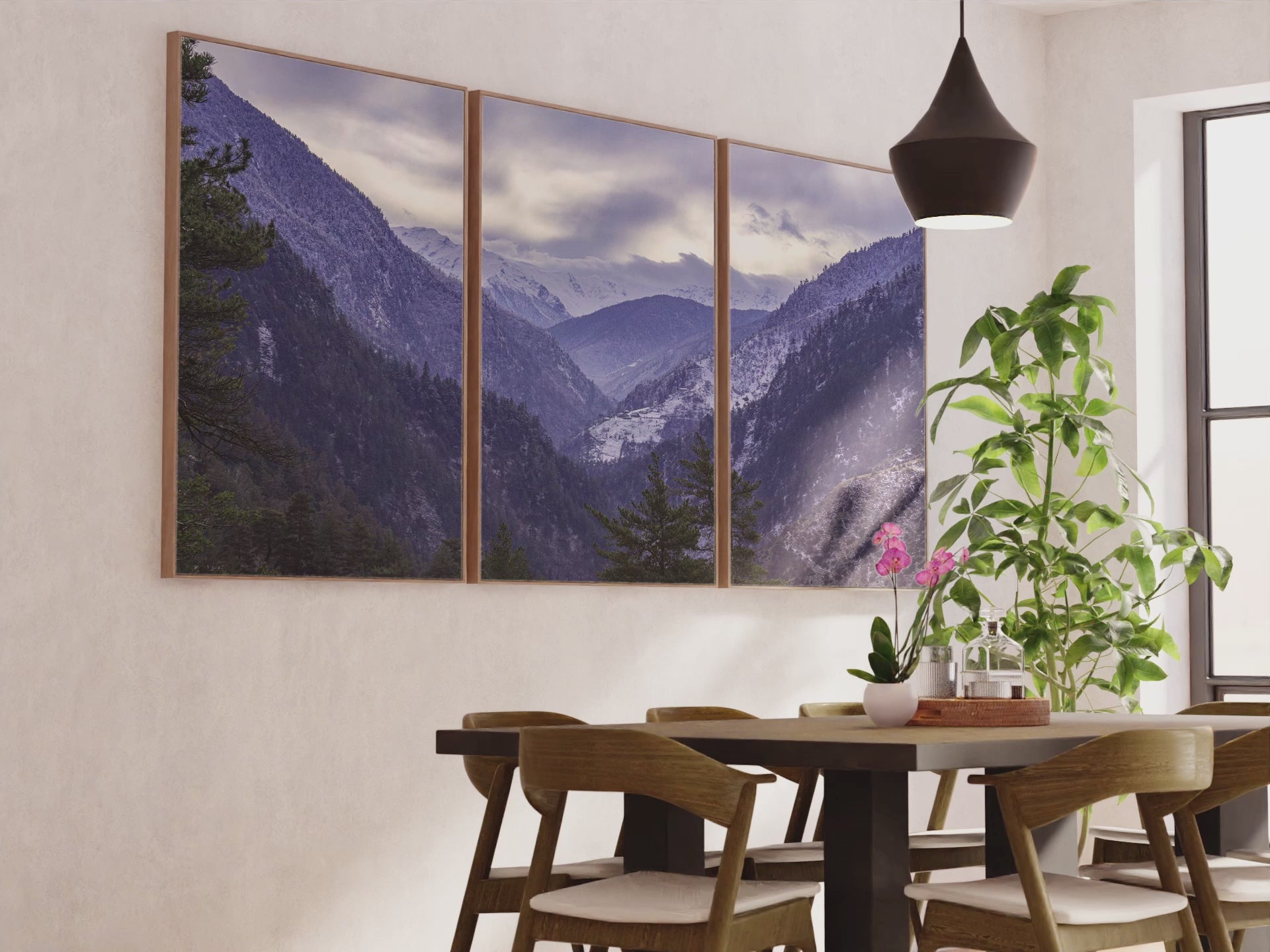 Navy Blue Mountain Forest Triptych. Nordic Landscape Art