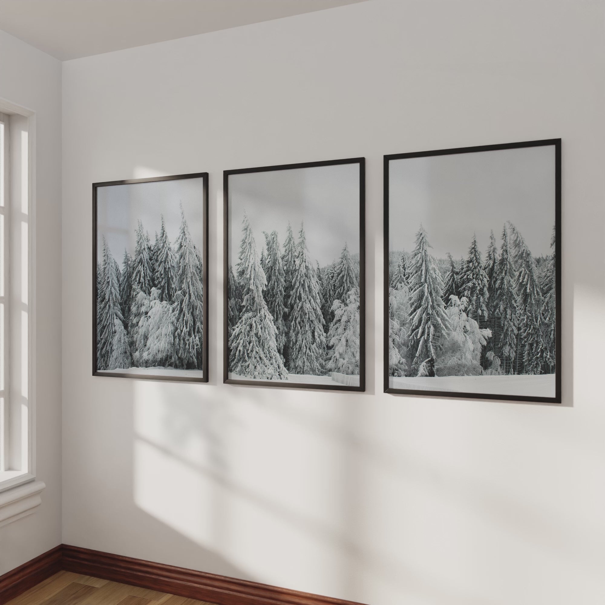 Winter Wall Art Triptych – Snowy Pine Forest Photography