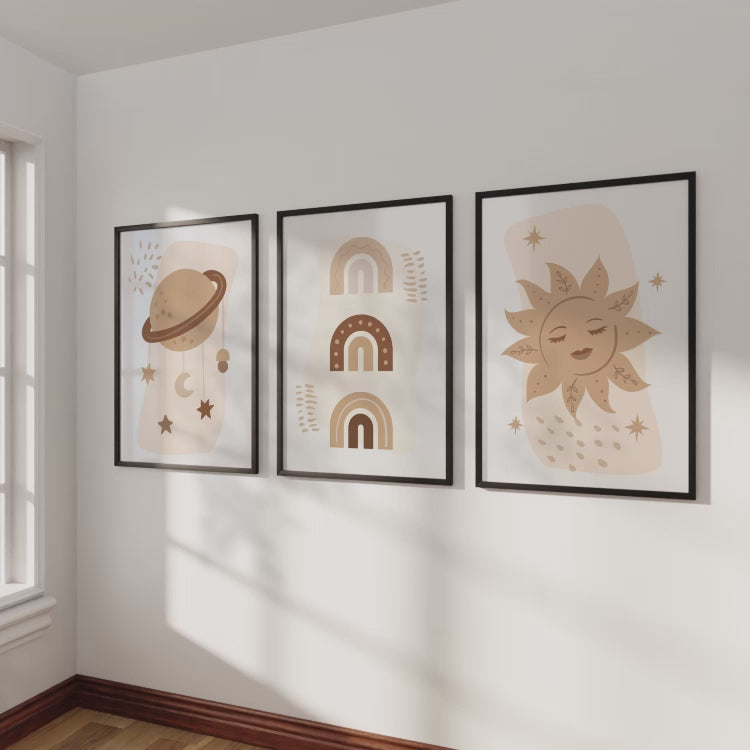 Neutral Nursery Wall Art – Celestial & Rainbow Print Set (3 Pieces)