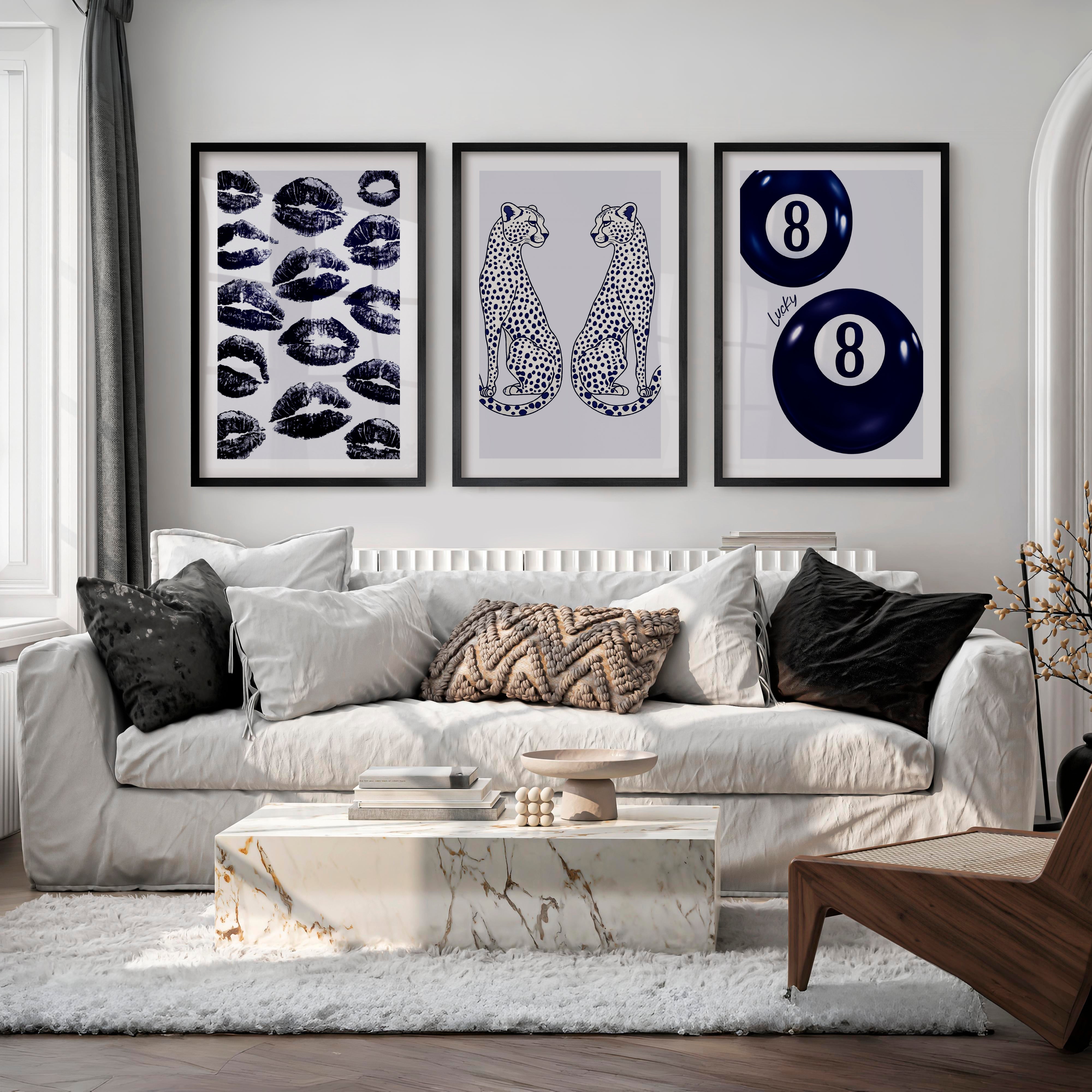 Navy Cheetah Retro Aesthetic Prints - Black Framed Poster with White Border - Artworksets