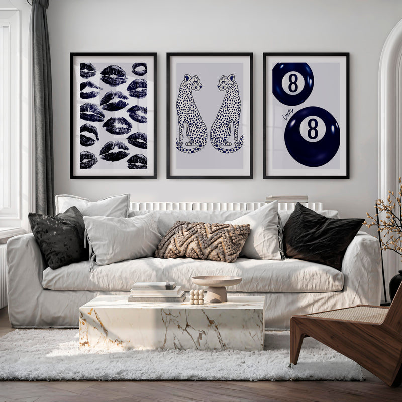 Navy Cheetah Retro Aesthetic Prints - Black Framed Poster with White Border - Artworksets