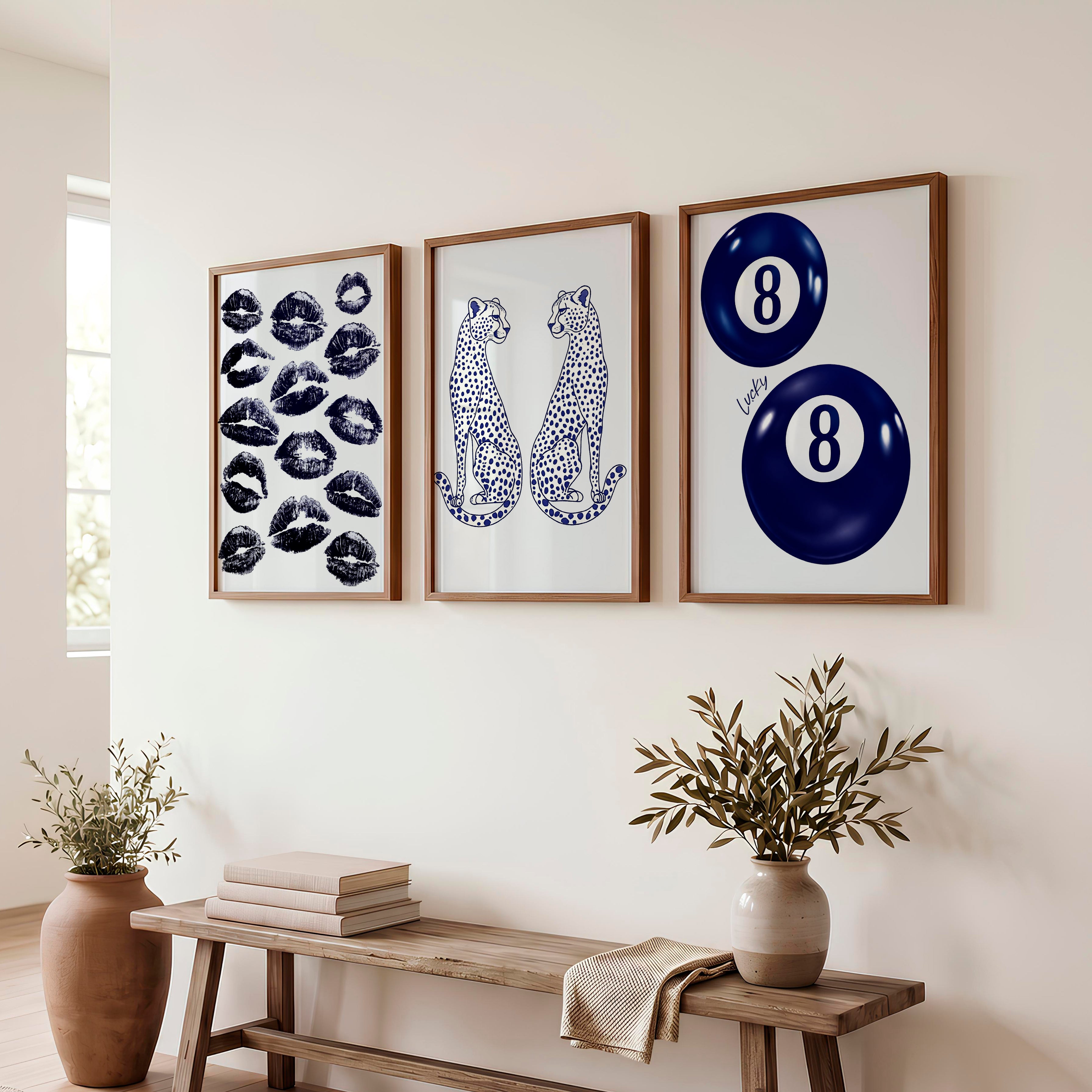 Navy Cheetah Retro Aesthetic Prints - Dark Brown Framed Poster No Border - Artworksets