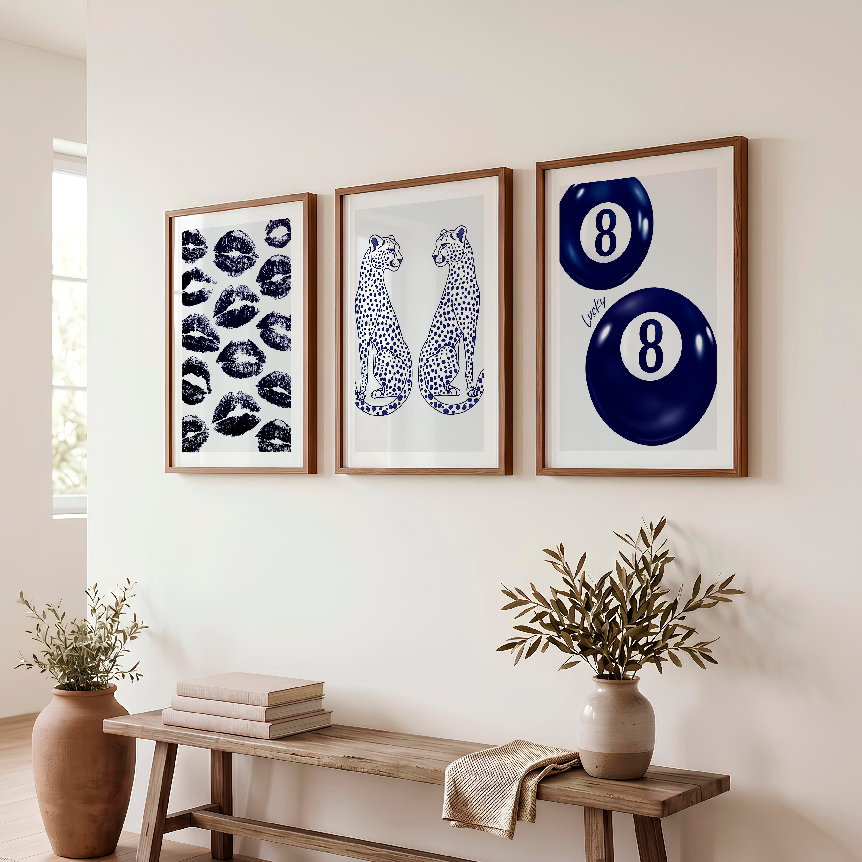 Navy Cheetah Retro Aesthetic Prints - Dark Brown Framed Poster with White Border - Artworksets