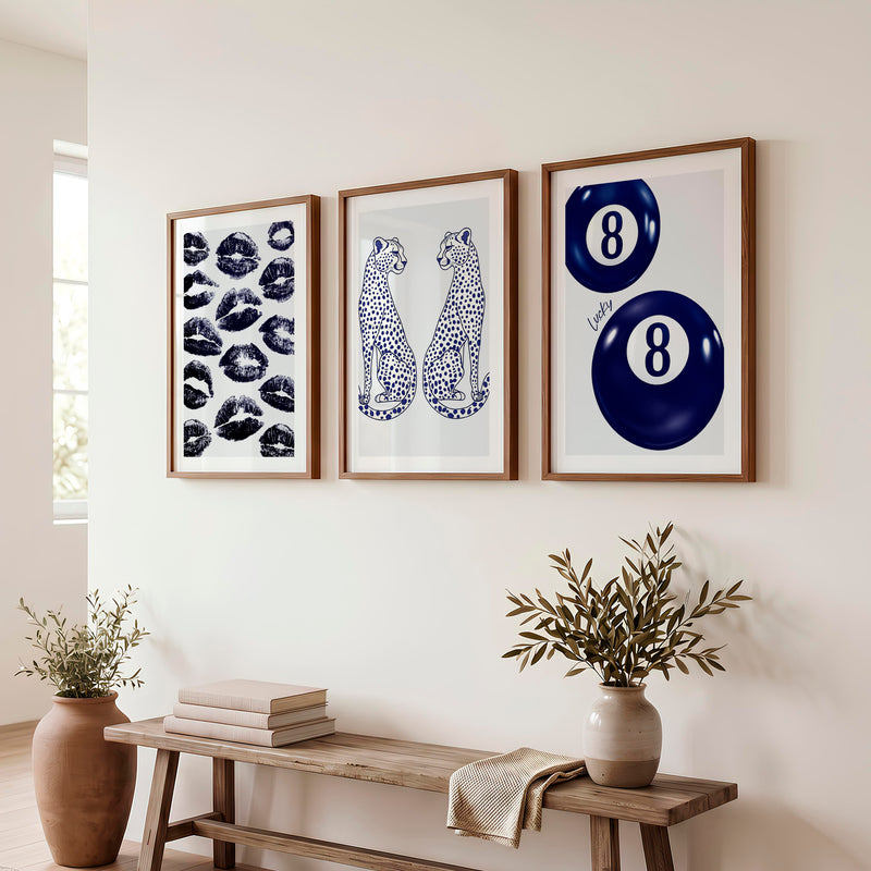 Navy Cheetah Retro Aesthetic Prints - Dark Brown Framed Poster with White Border - Artworksets