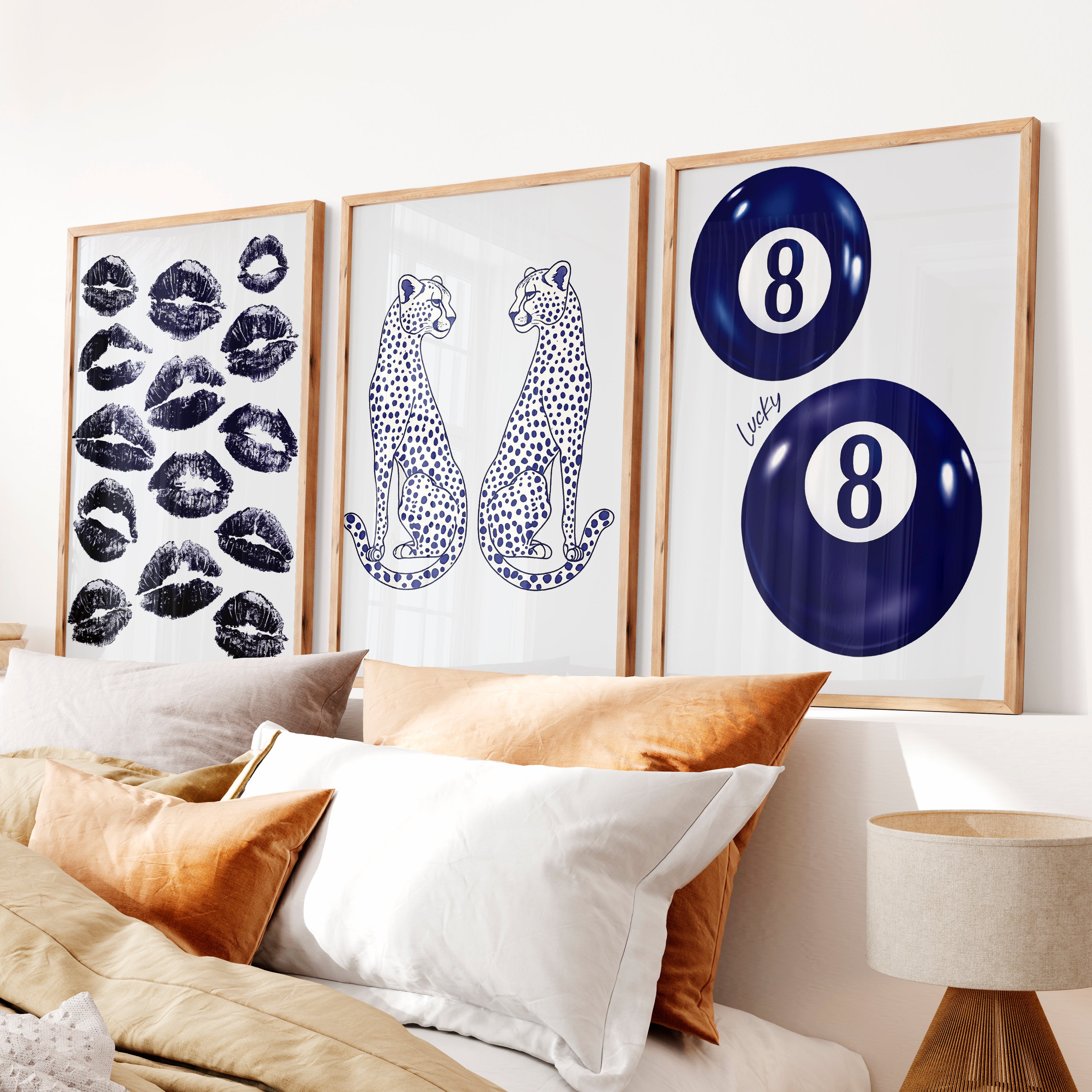 Navy Cheetah Retro Aesthetic Prints - Natural Wood Framed Poster No Border - Artworksets