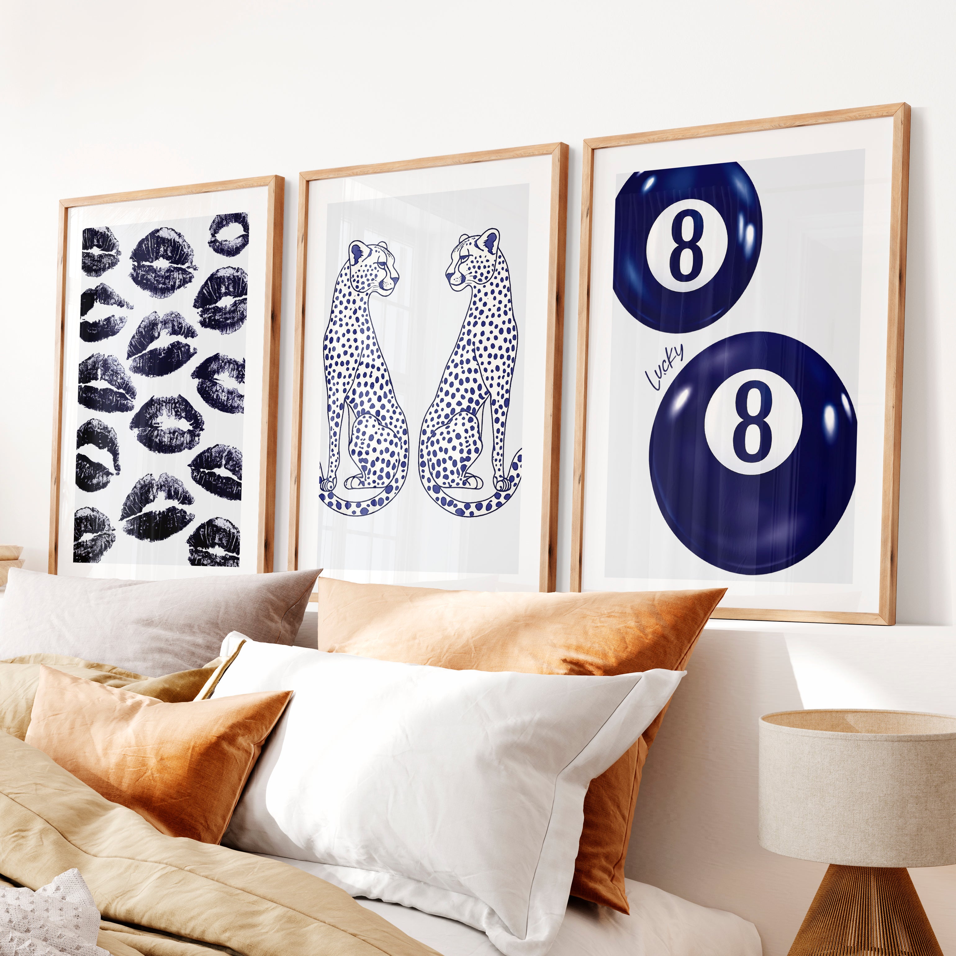 Navy Cheetah Retro Aesthetic Prints- Natural Wood Framed Poster with White Border - Artworksets
