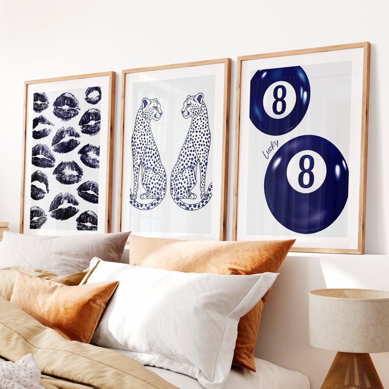 Navy Cheetah Retro Aesthetic Prints- Natural Wood Framed Poster with White Border - Artworksets