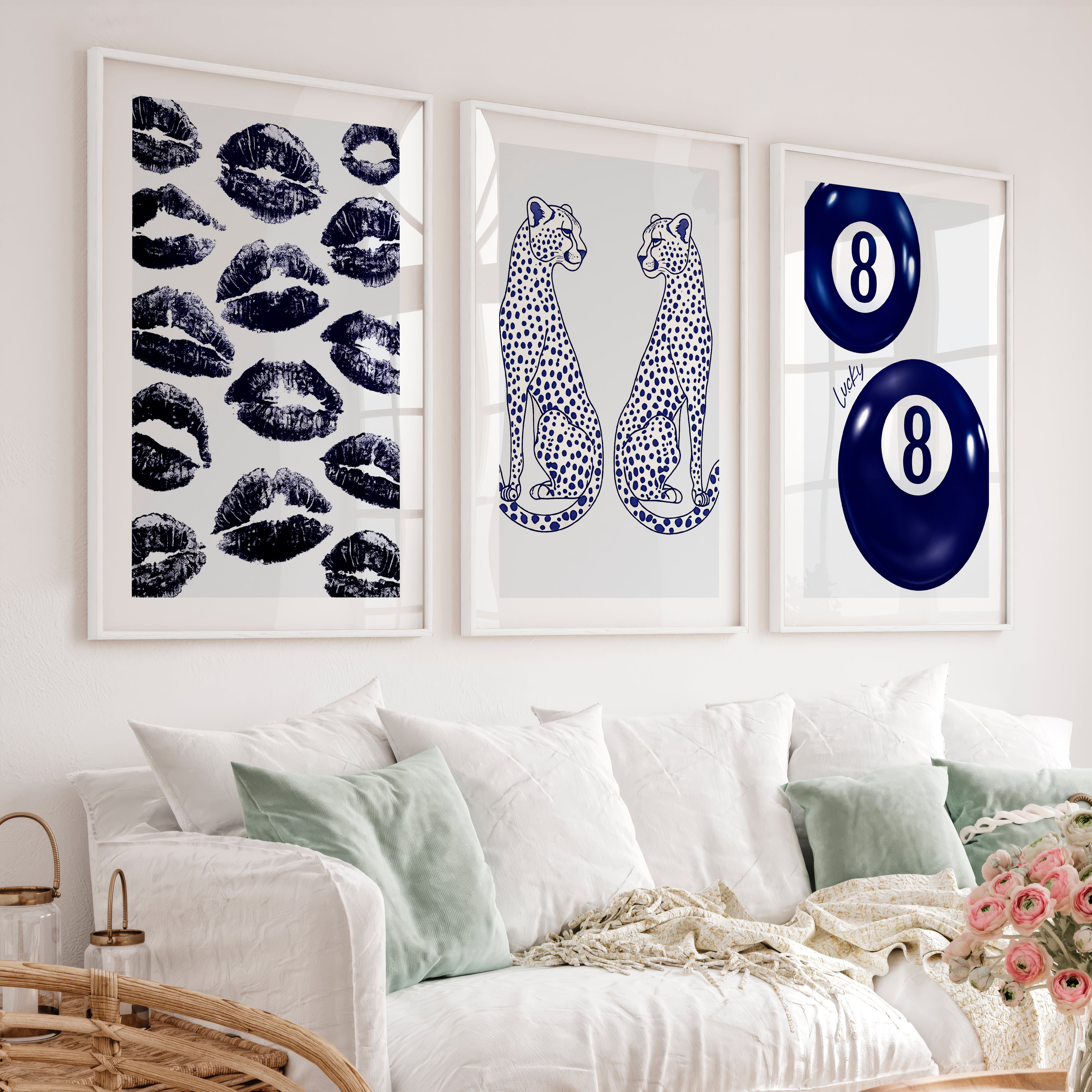 Navy Cheetah Retro Aesthetic Prints - White Framed Poster with White Border - Artworksets