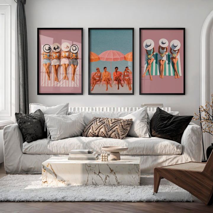 Beach Umbrella Retro Art Print Set - Black Framed Poster No Border - Artworksets