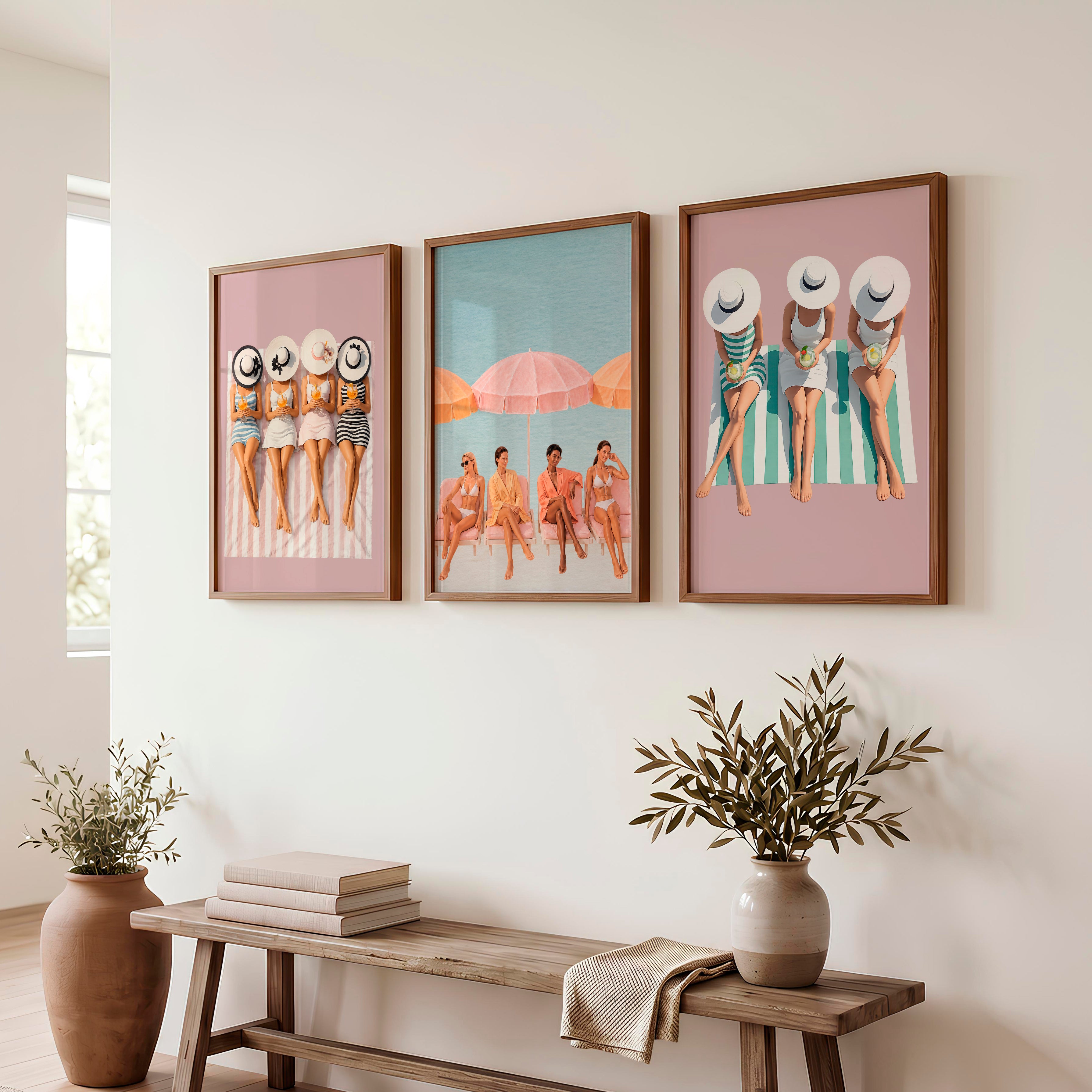 Beach Umbrella Retro Art Print Set - Dark Brown Framed Poster No Border - Artworksets