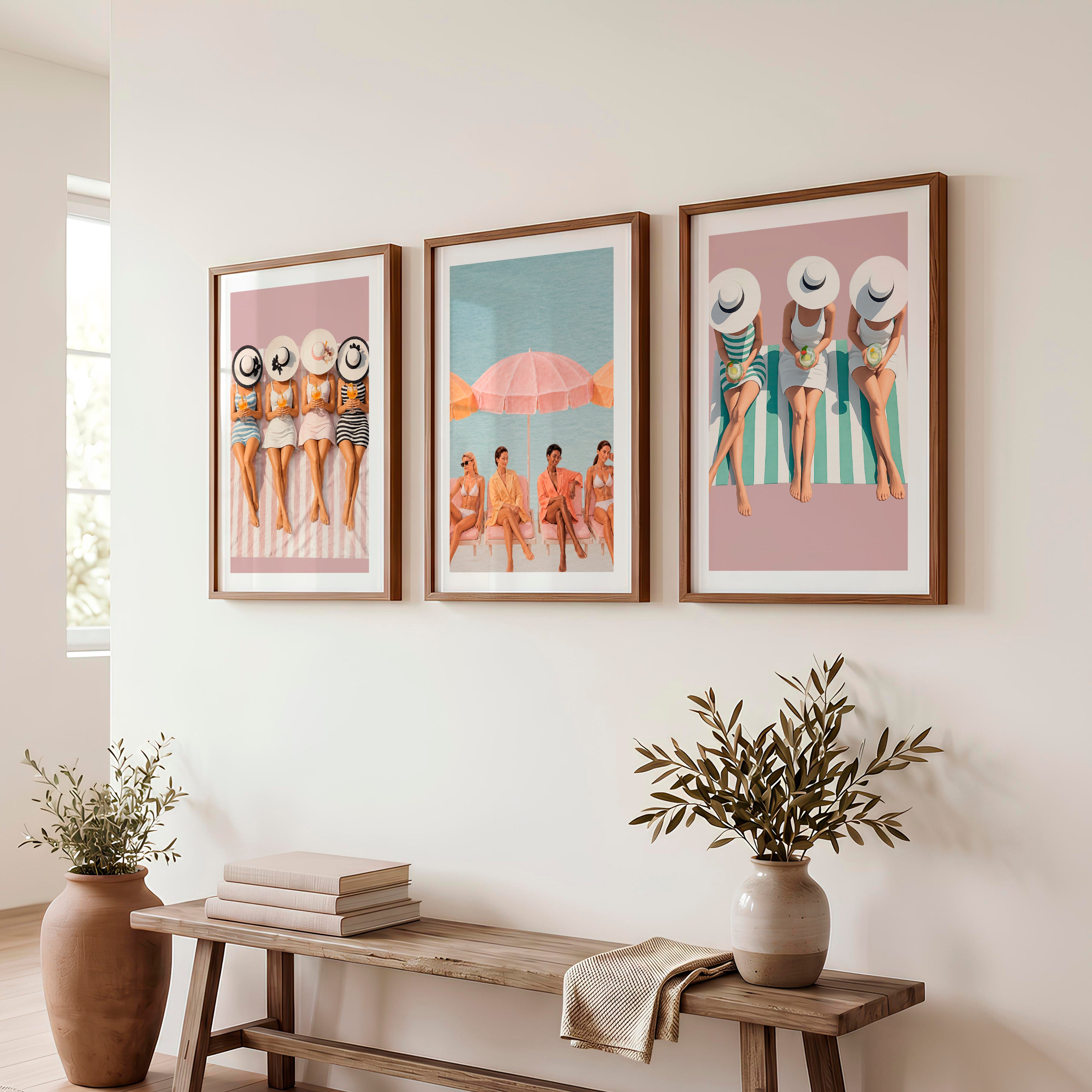 Beach Umbrella Retro Art Print Set - Dark Brown Framed Poster with White Border - Artworksets