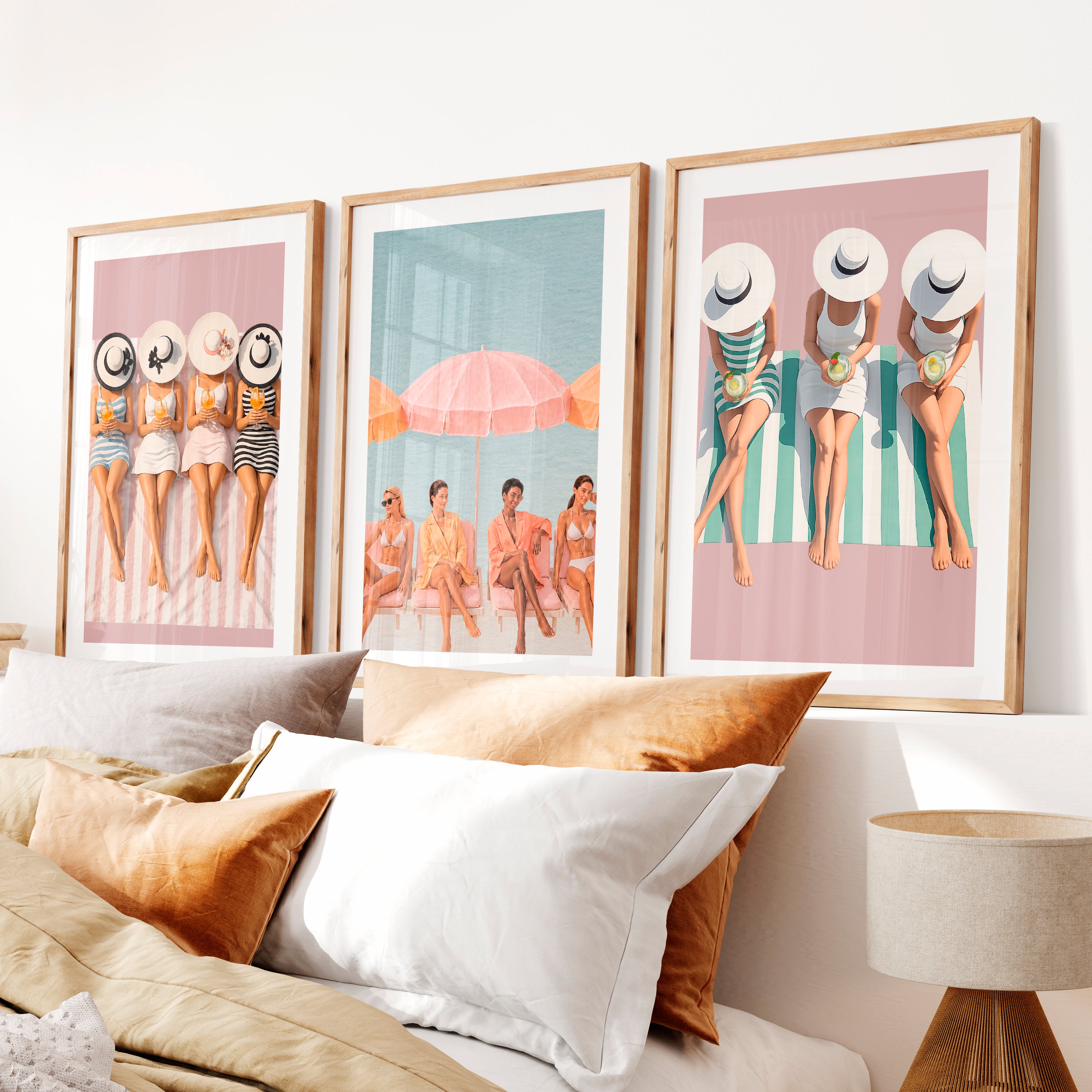 Beach Umbrella Retro Art Print Set- Natural Wood Framed Poster with White Border - Artworksets