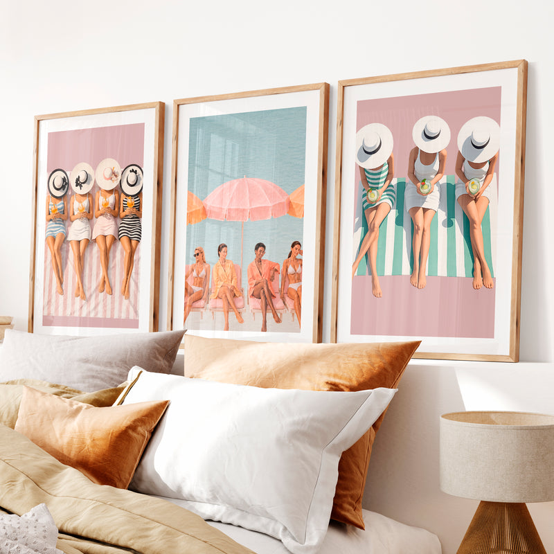 Beach Umbrella Retro Art Print Set- Natural Wood Framed Poster with White Border - Artworksets