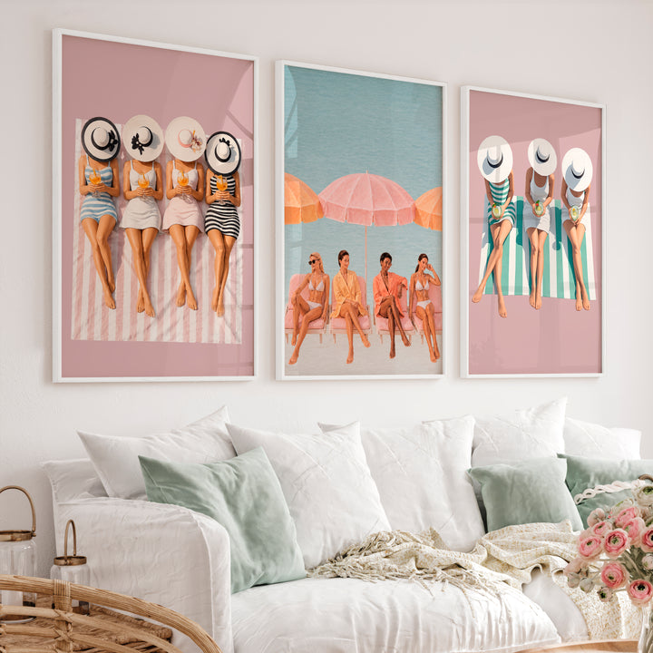 Beach Umbrella Retro Art Print Set - White Framed Poster No Border - Artworksets