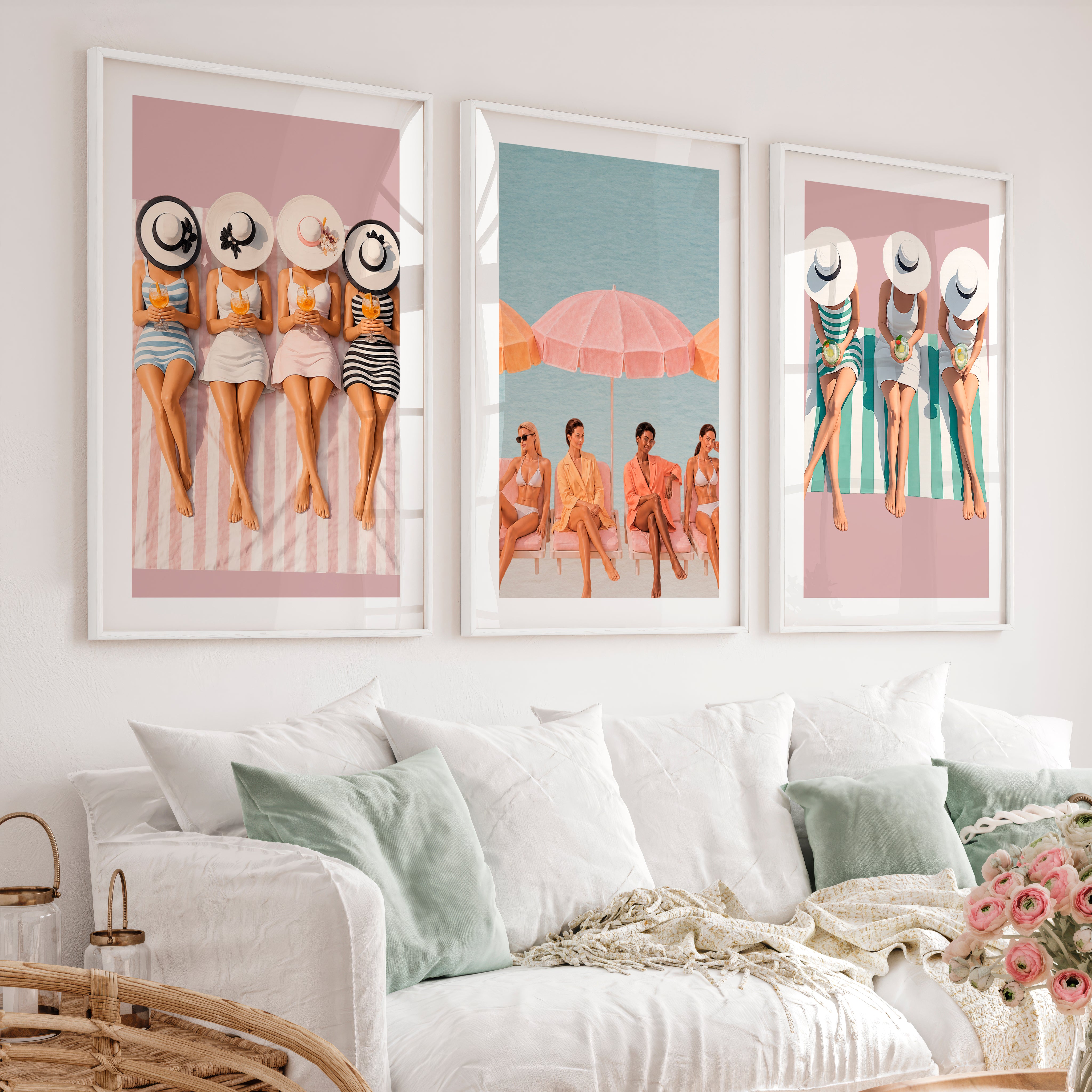 Beach Umbrella Retro Art Print Set - White Framed Poster with White Border - Artworksets