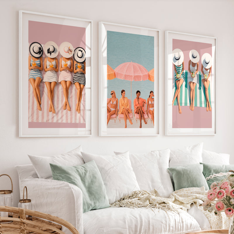 Beach Umbrella Retro Art Print Set - White Framed Poster with White Border - Artworksets