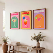 Retro Art Champagne Cocktail Wall Art Set - Dark Brown Framed Poster No Border - Artworksets