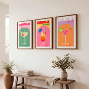 Retro Art Champagne Cocktail Wall Art Set - Dark Brown Framed Poster with White Border - Artworksets