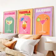 Retro Art Champagne Cocktail Wall Art Set - Natural Wood Framed Poster No Border - Artworksets